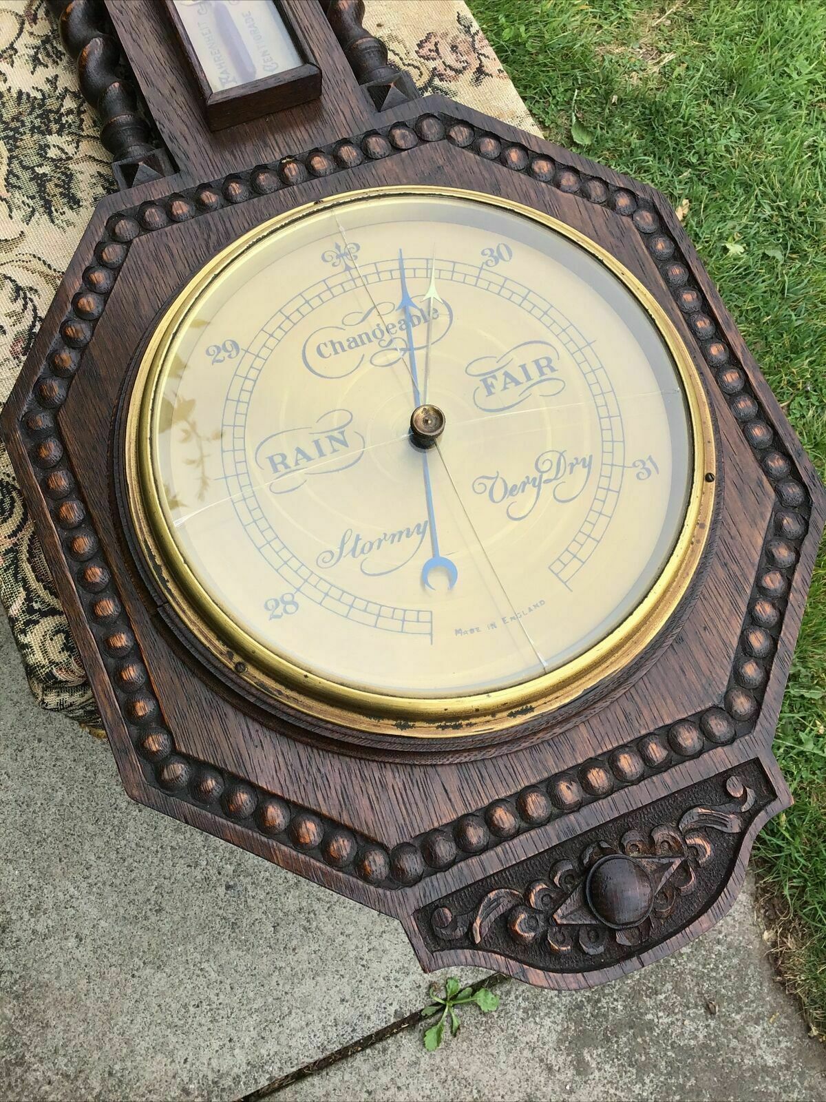 Early 20th C Carved Oak Barley Twist Barometer / Thermometer photo 60.0