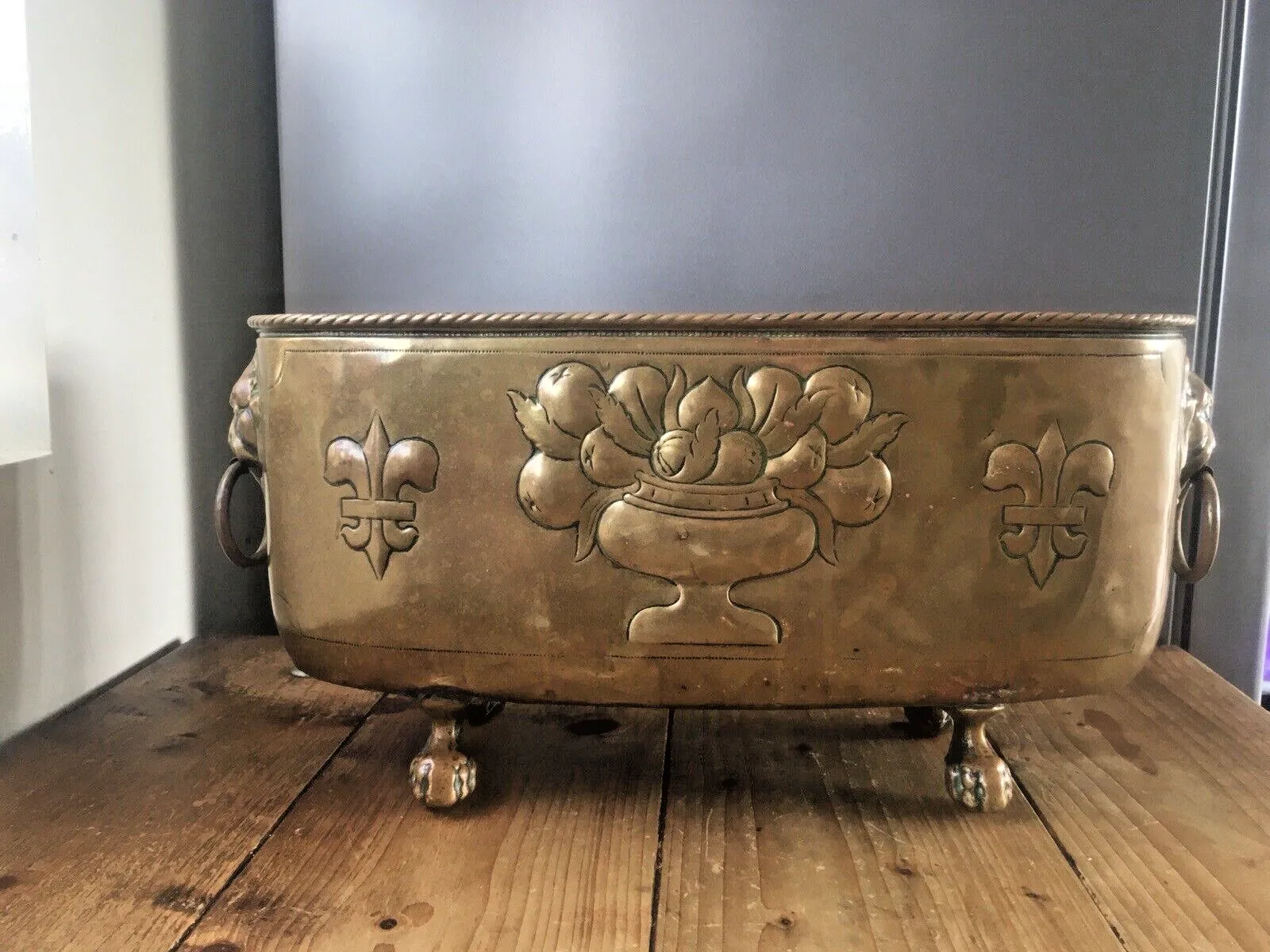 Antique French Armorial Brass Planter Plant Pot Lion Head Mask Handles Claw Ball photo buy