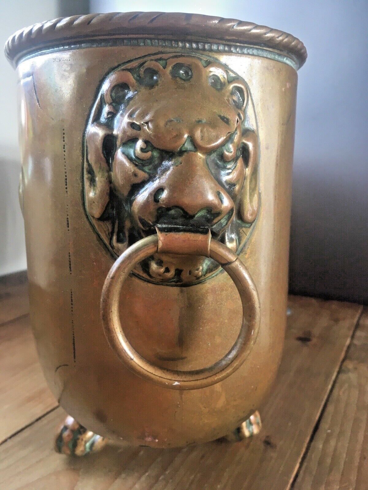 photo for sale Antique French Armorial Brass Planter Plant Pot Lion Head Mask Handles Claw Ball