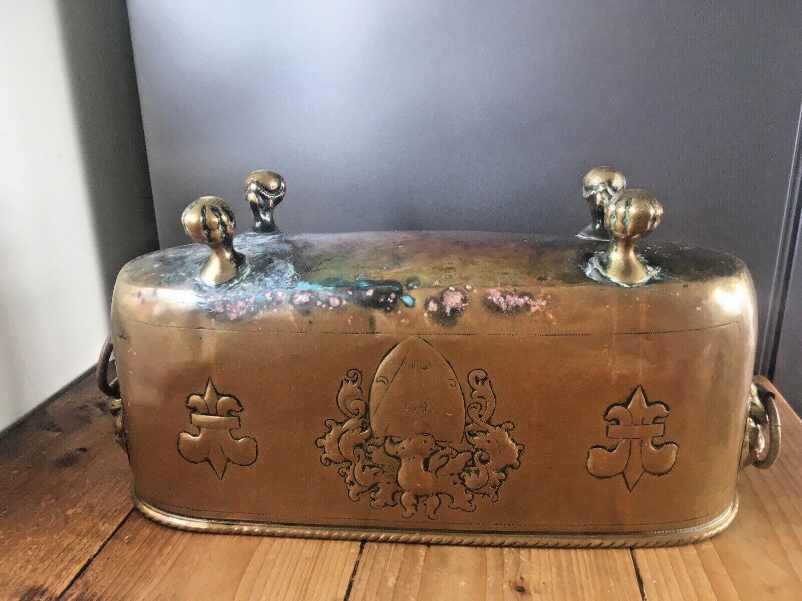 photo buy Antique French Armorial Brass Planter Plant Pot Lion Head Mask Handles Claw Ball