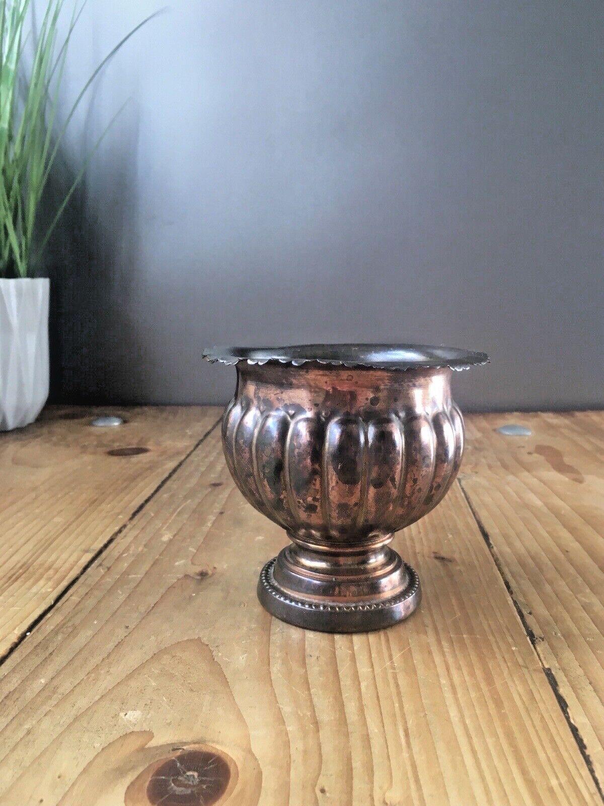 Small Antique Copper Pedestal Urn Planter Plant Pot Queen Anne Reeded Gadrooned photo furniture