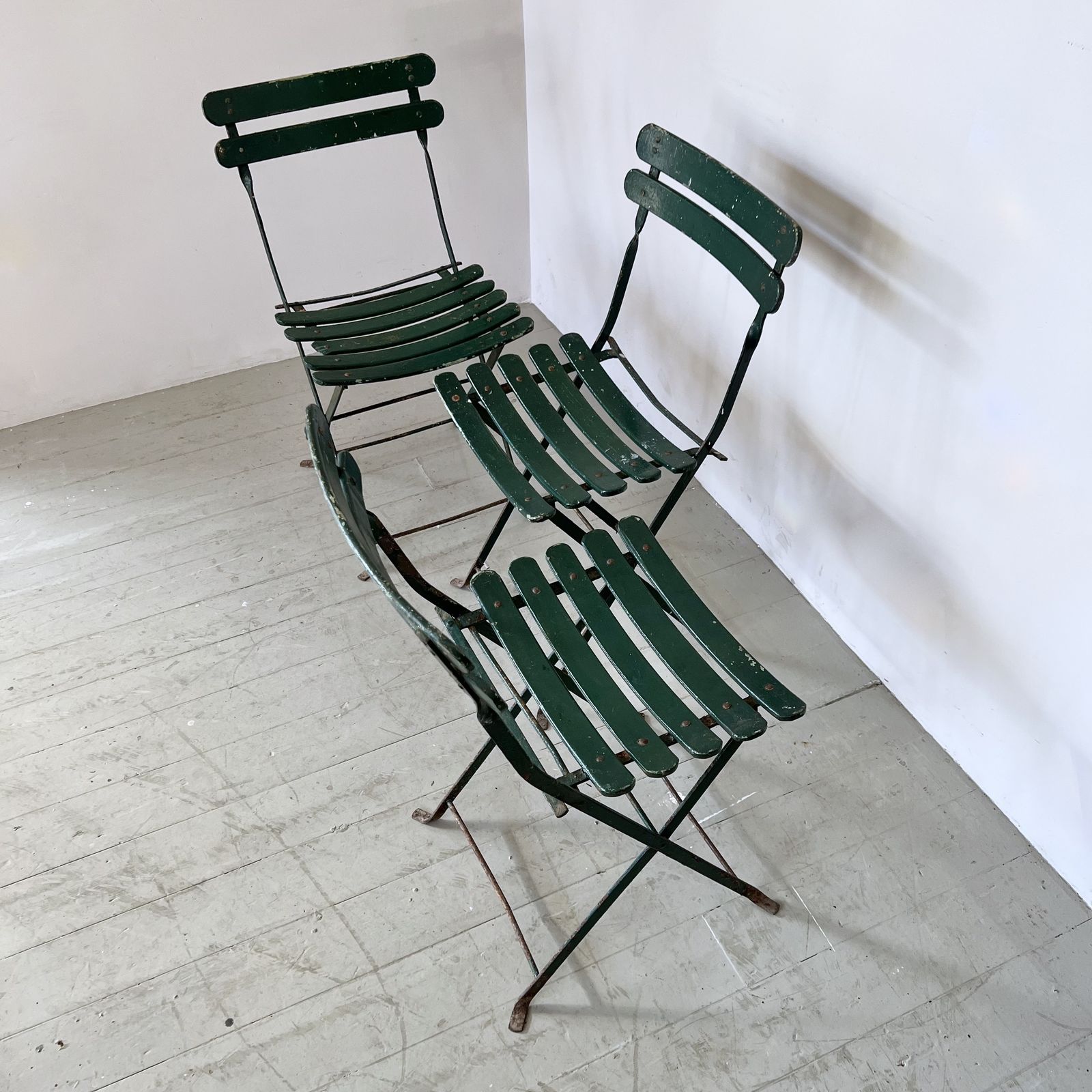 Three French Green Painted Folding Bistro Chairs photo Garden Furniture
