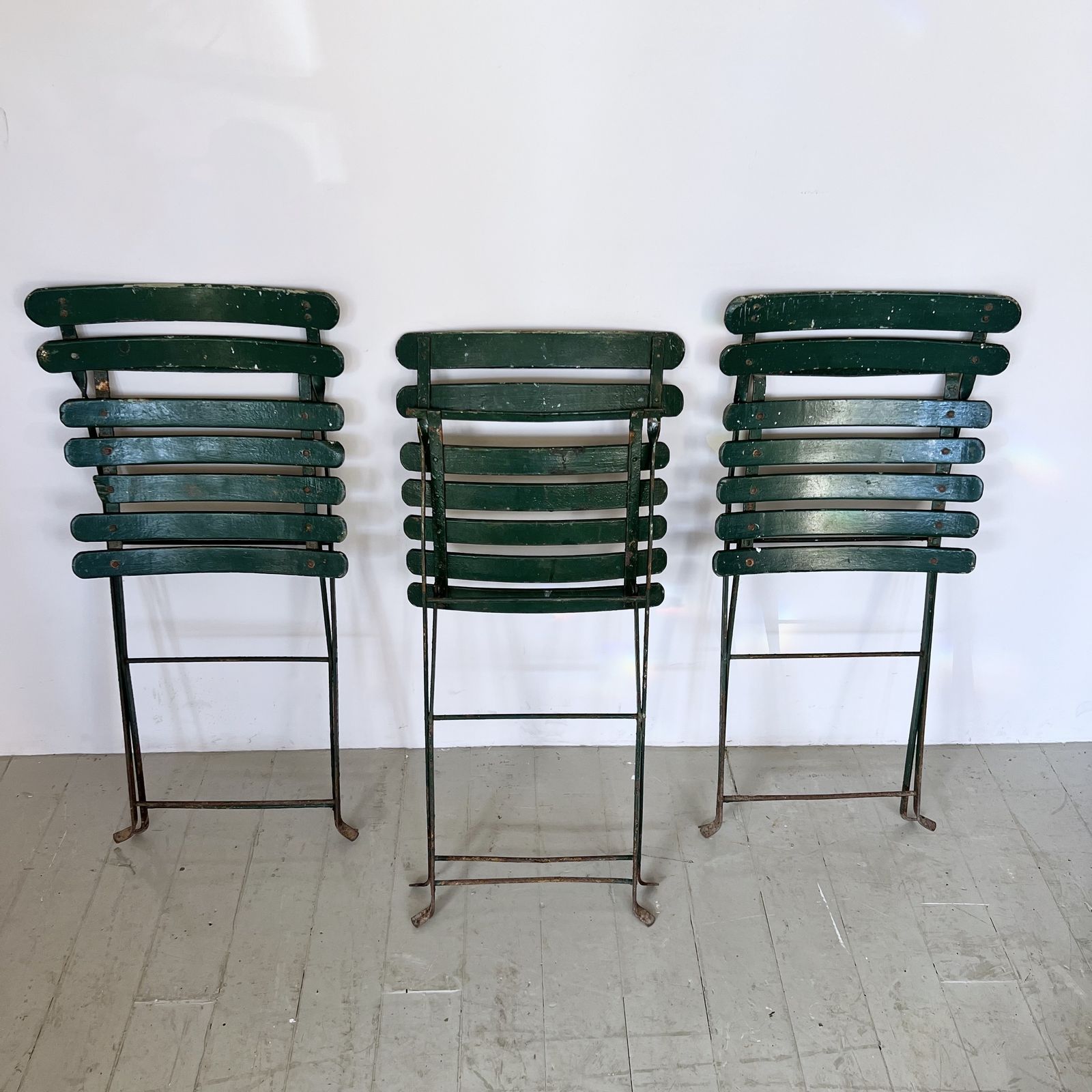 Three French Green Painted Folding Bistro Chairs photo vinterior