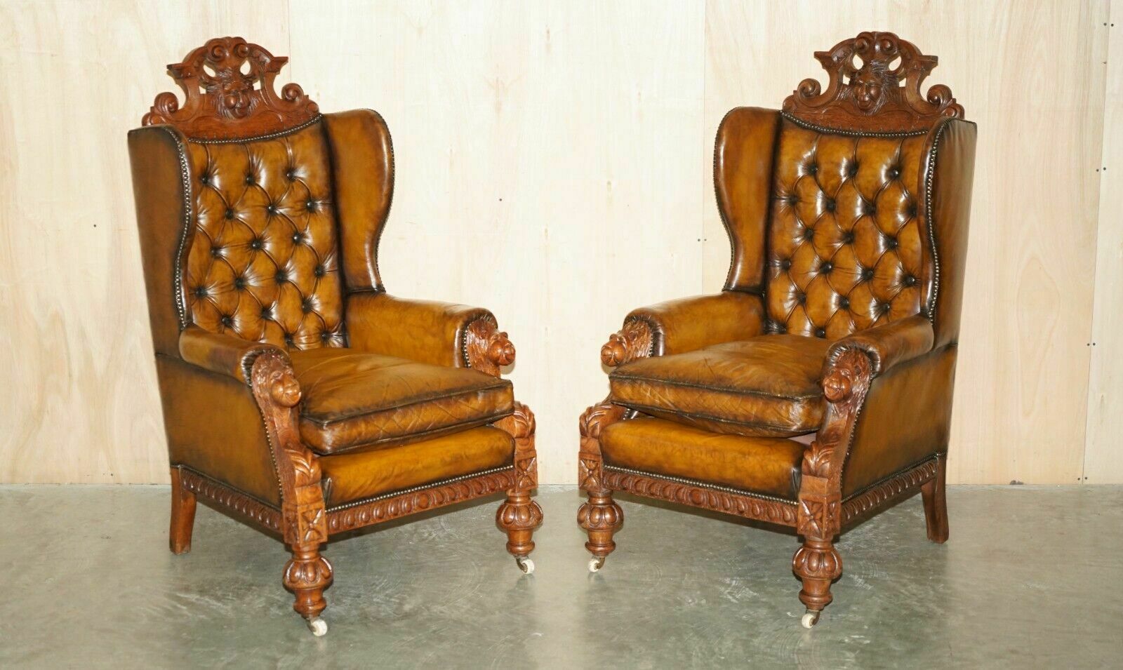 Huge Pair Of Antique Victorian Lion Carved Chesterfield Brown Leather Armchairs