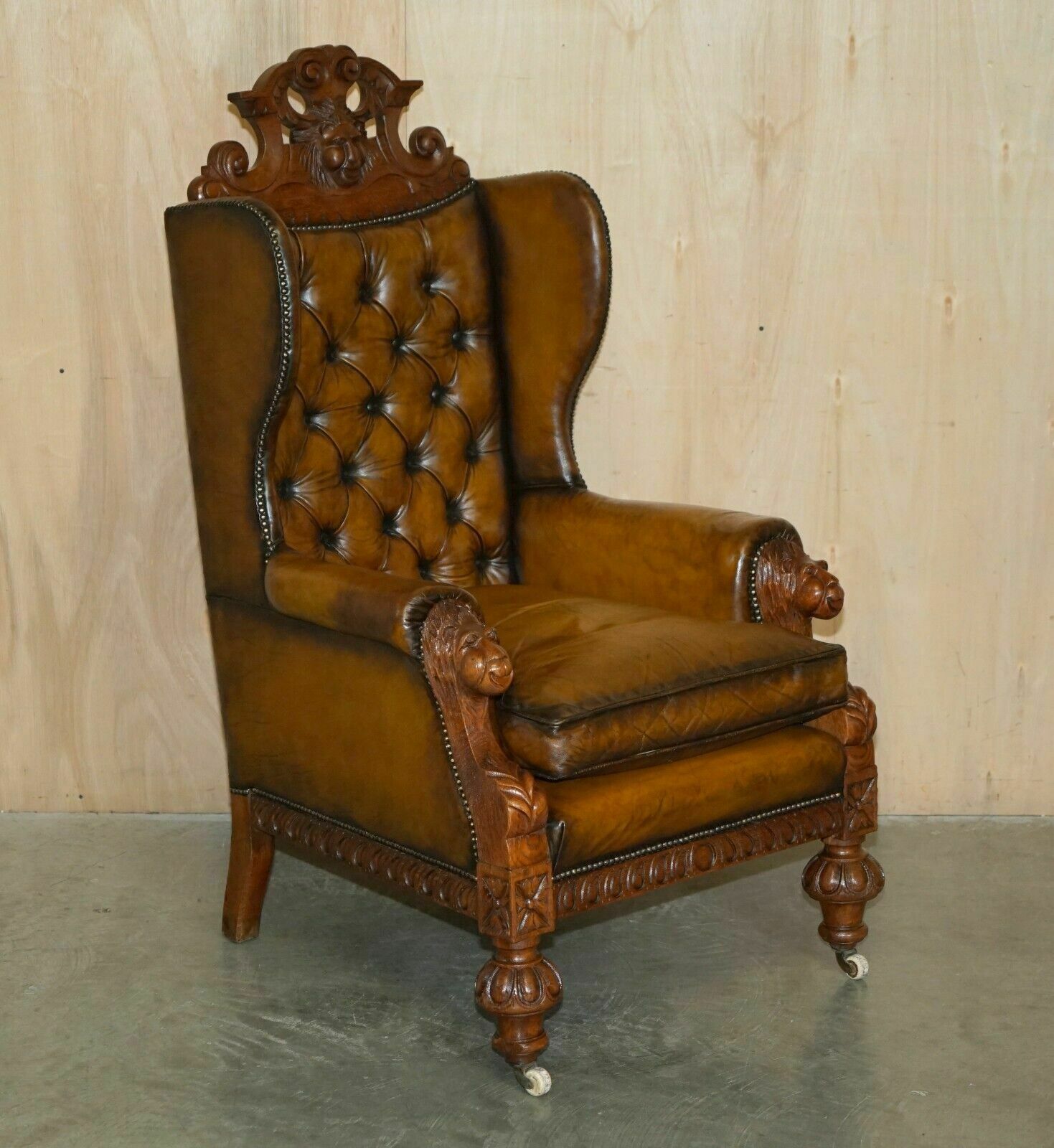 Huge Pair Of Antique Victorian Lion Carved Chesterfield Brown Leather Armchairs photo furniture