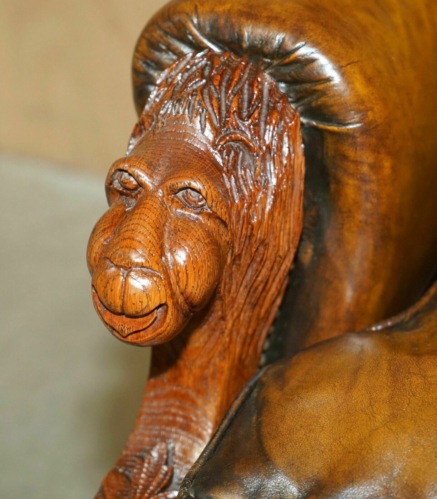 Huge Pair Of Antique Victorian Lion Carved Chesterfield Brown Leather Armchairs photo vintage