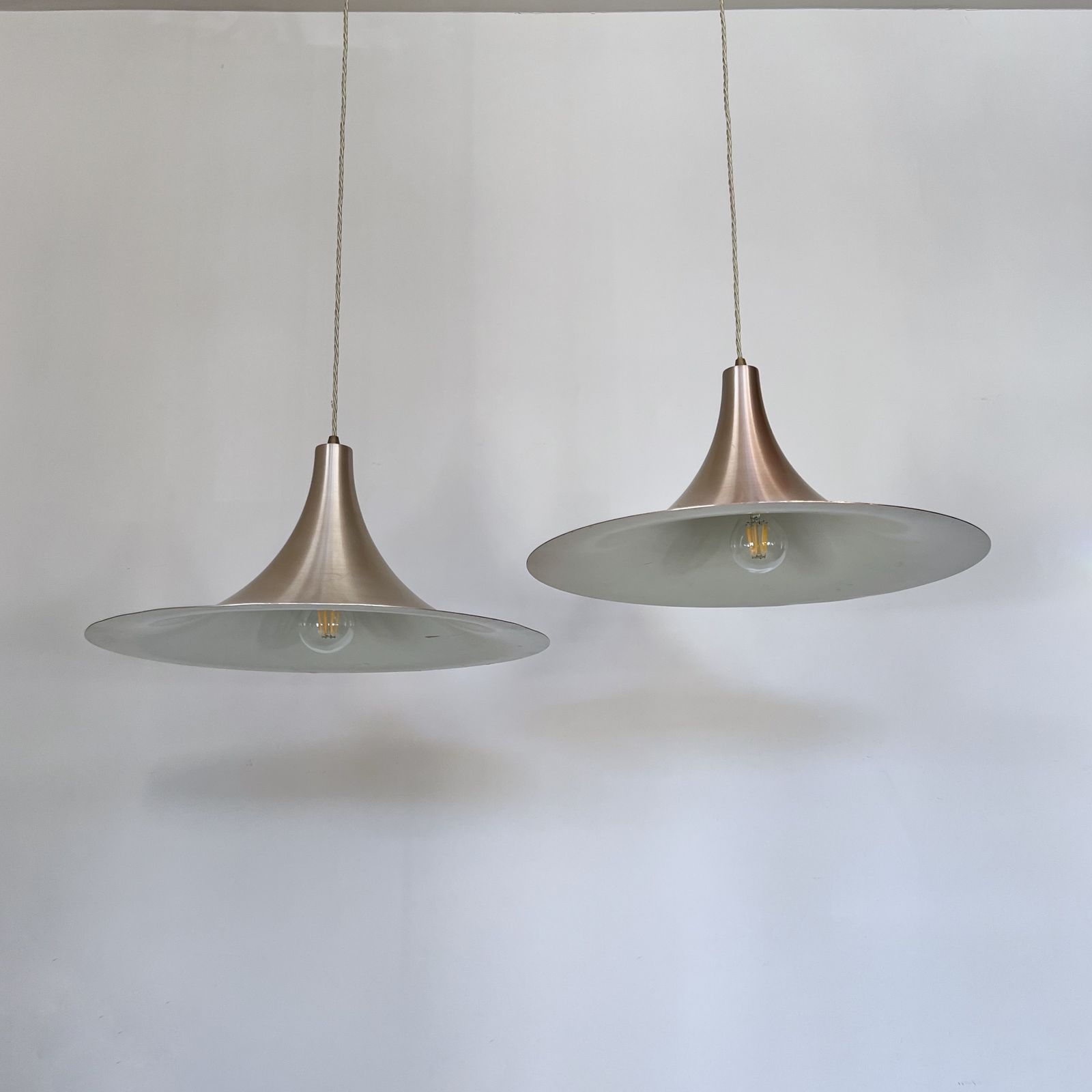 Pair Of Mid Century Danish Spun Steel Trumpet Pendants photo furniture