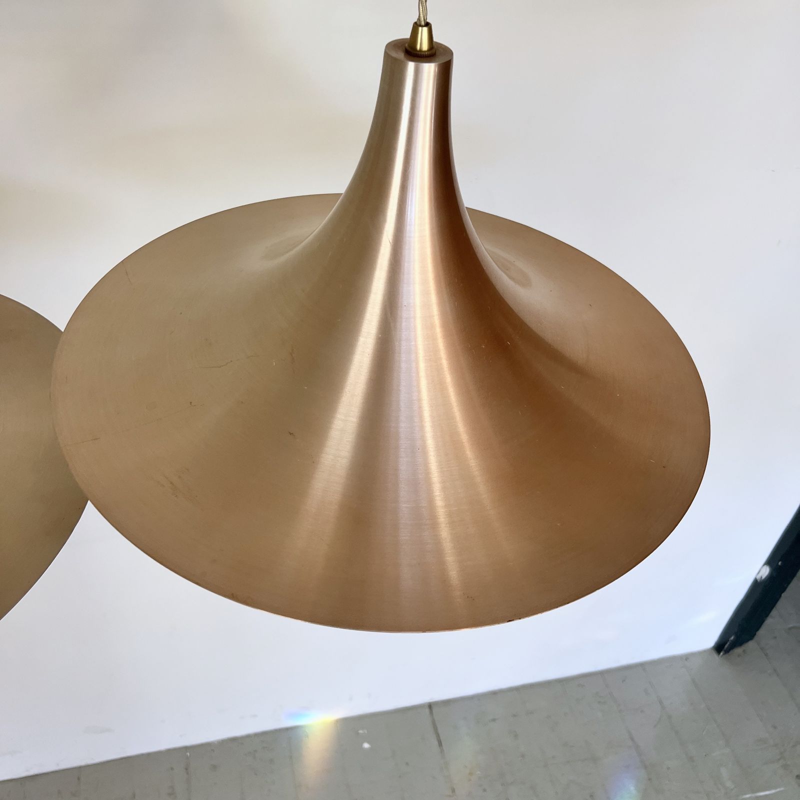 Pair Of Mid Century Danish Spun Steel Trumpet Pendants photo 895.0