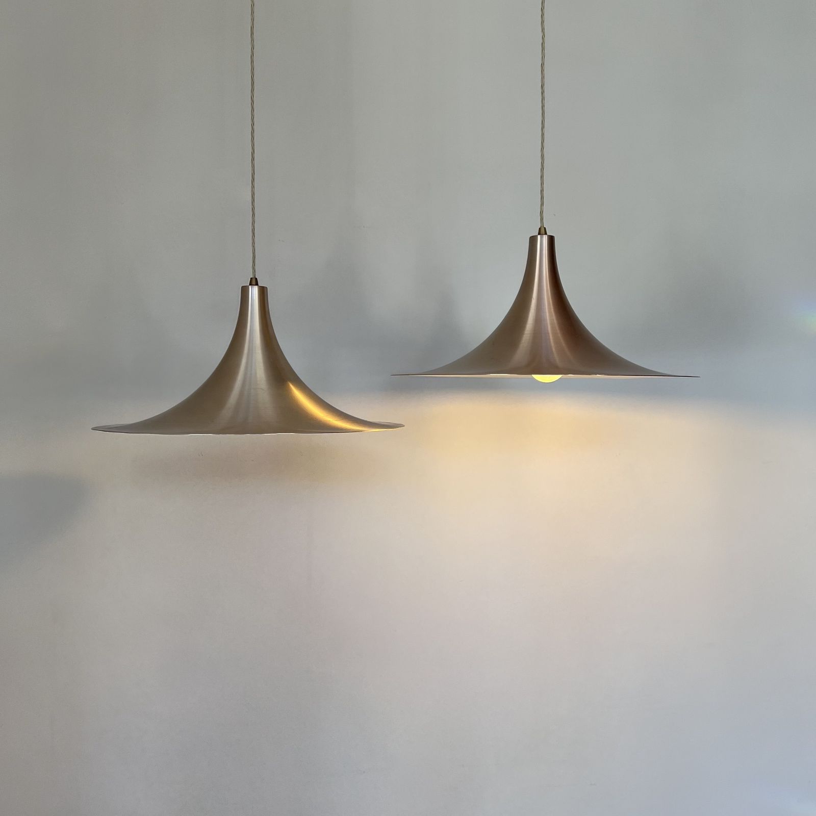 photo furniture Pair Of Mid Century Danish Spun Steel Trumpet Pendants