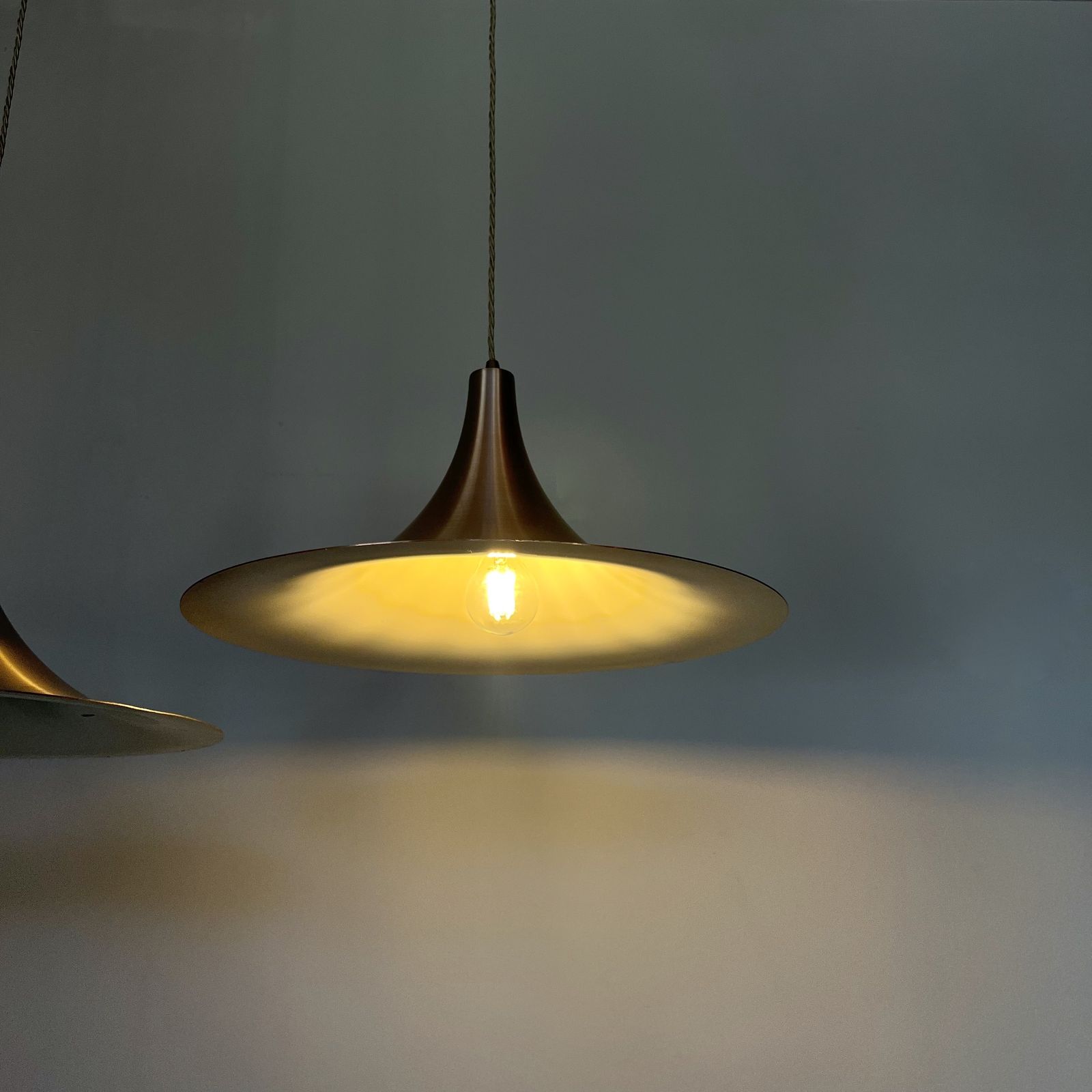 photo for sale Pair Of Mid Century Danish Spun Steel Trumpet Pendants