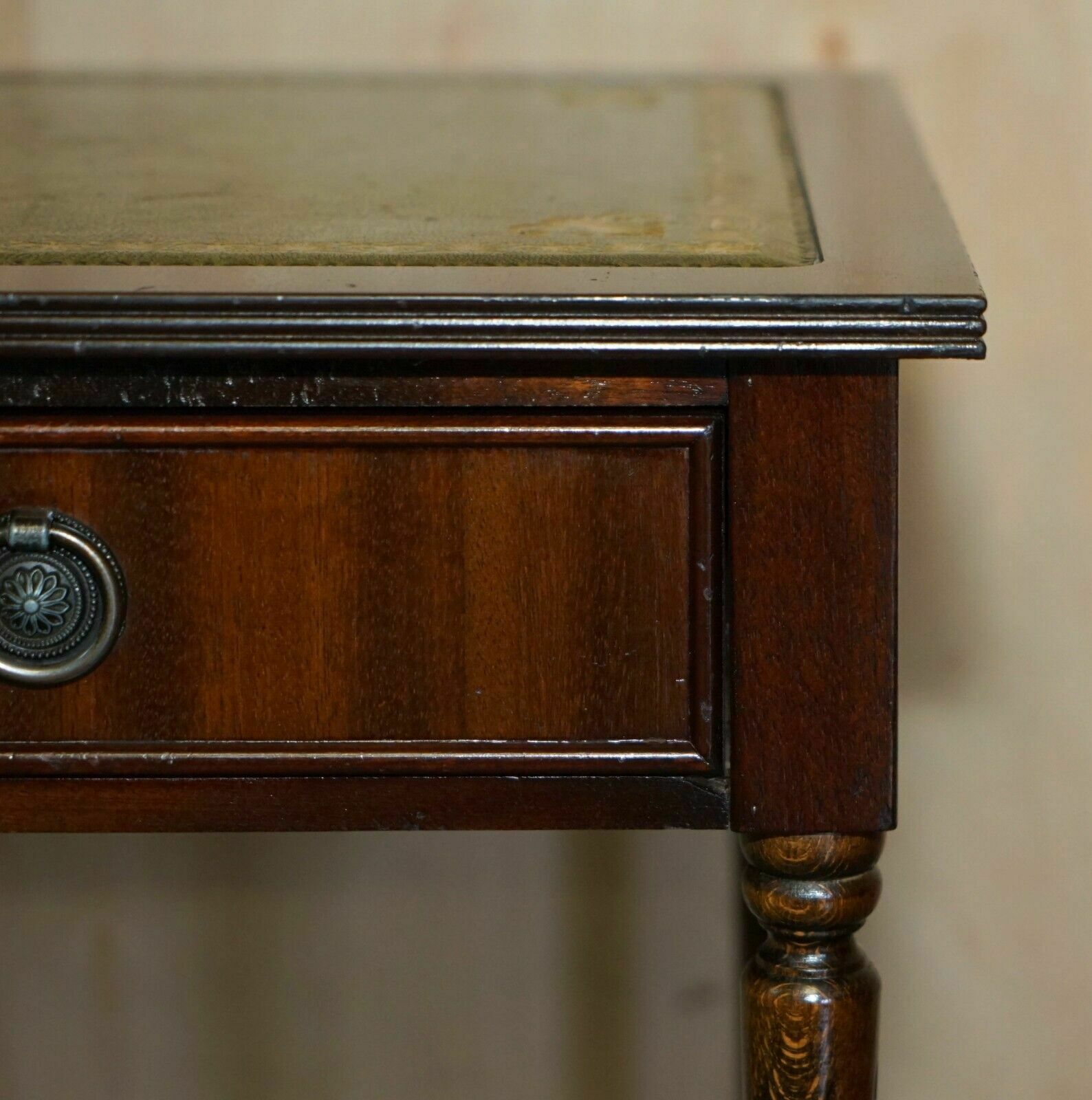 Lovely Vintage Circa 1940's Green Leather Gold Leaf Single Drawer Side Table photo buy