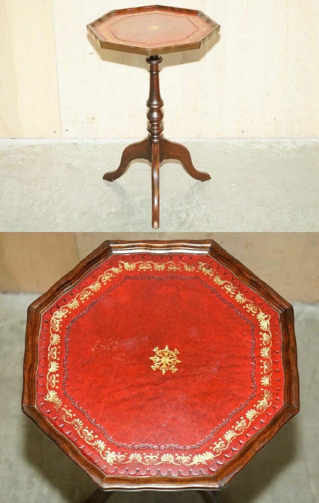Lovely Gold Leaf Embossed Oxblood Leather Tripod Side End Lamp Wine Table