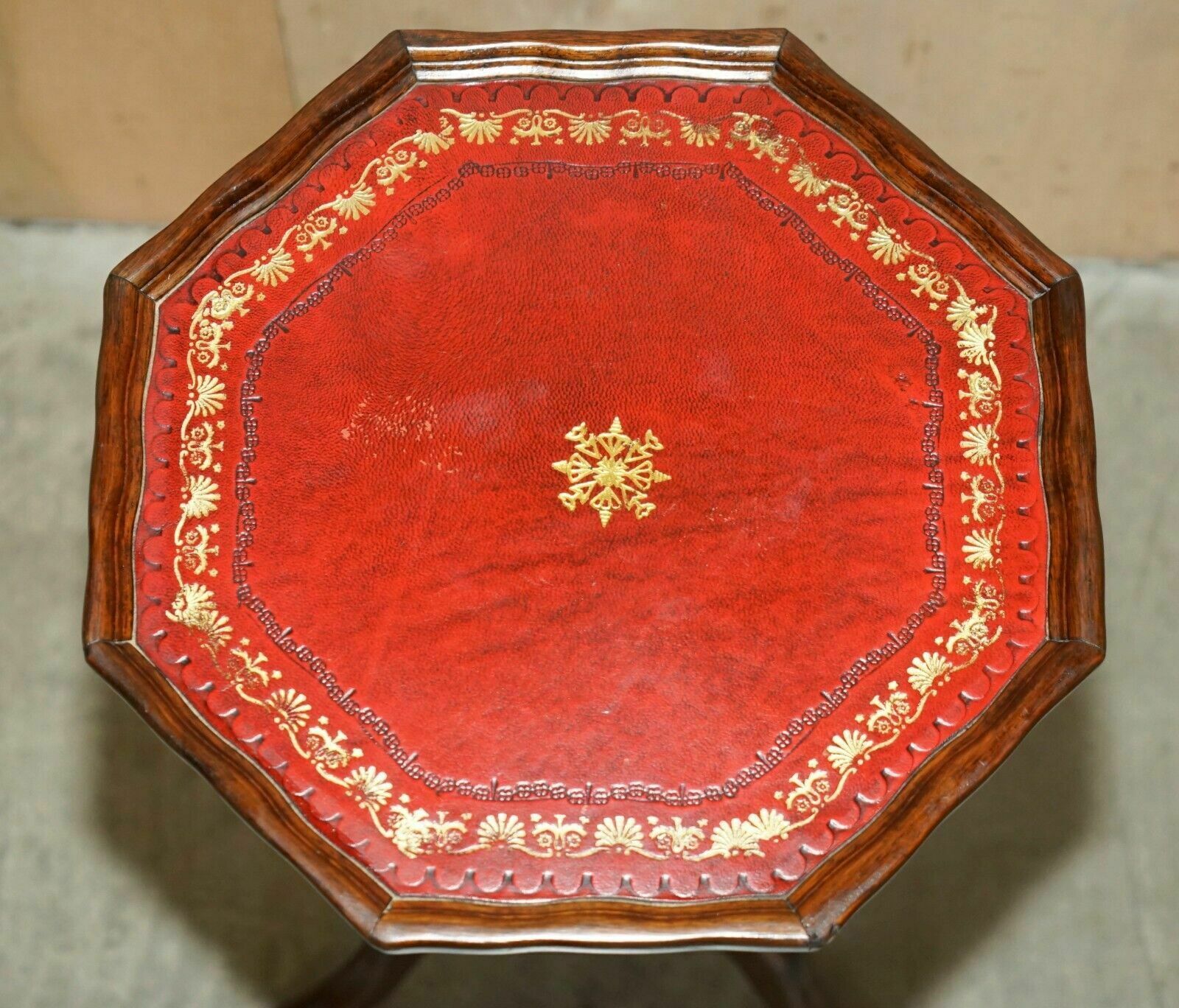 Furniture Lovely Gold Leaf Embossed Oxblood Leather Tripod Side End Lamp Wine Table photo