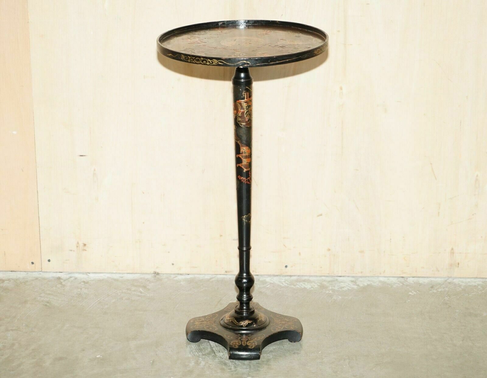 Antique Chinese Chinoiserie Lacquered & Hand Painted Side End Lamp Wine Table photo furniture