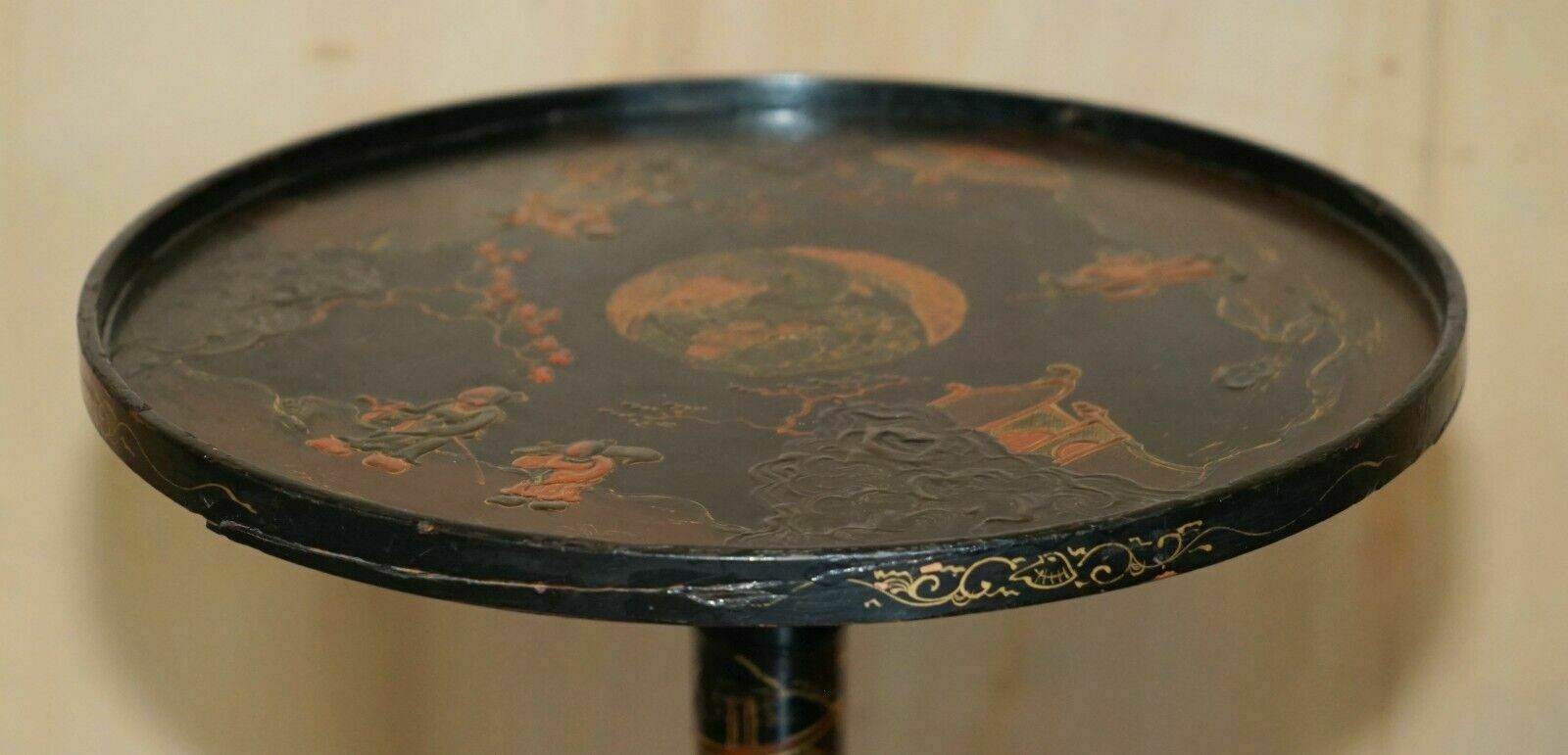 Antique Chinese Chinoiserie Lacquered & Hand Painted Side End Lamp Wine Table photo Furniture