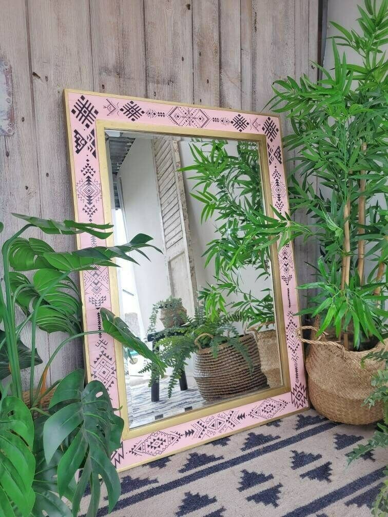 Pink Gold Black Large Mirror With Boho Tribal Design