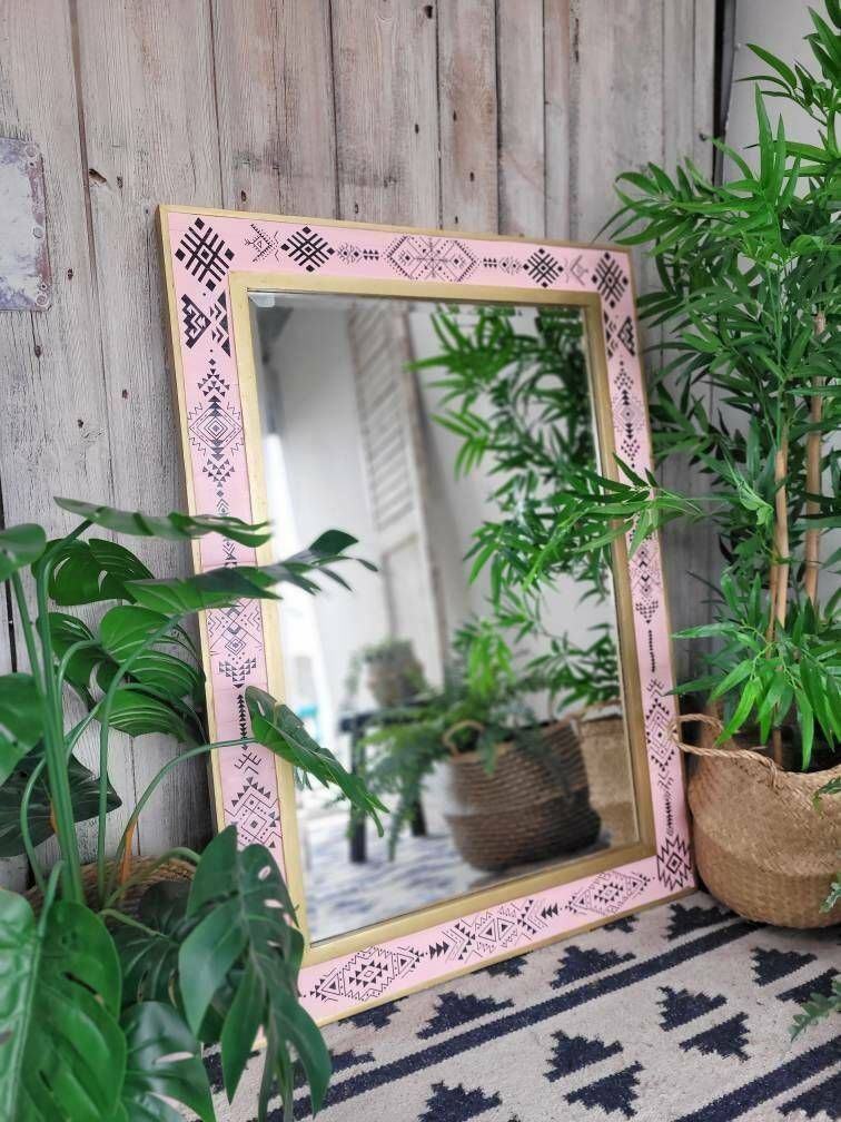 Pink Gold Black Large Mirror With Boho Tribal Design photo for sale