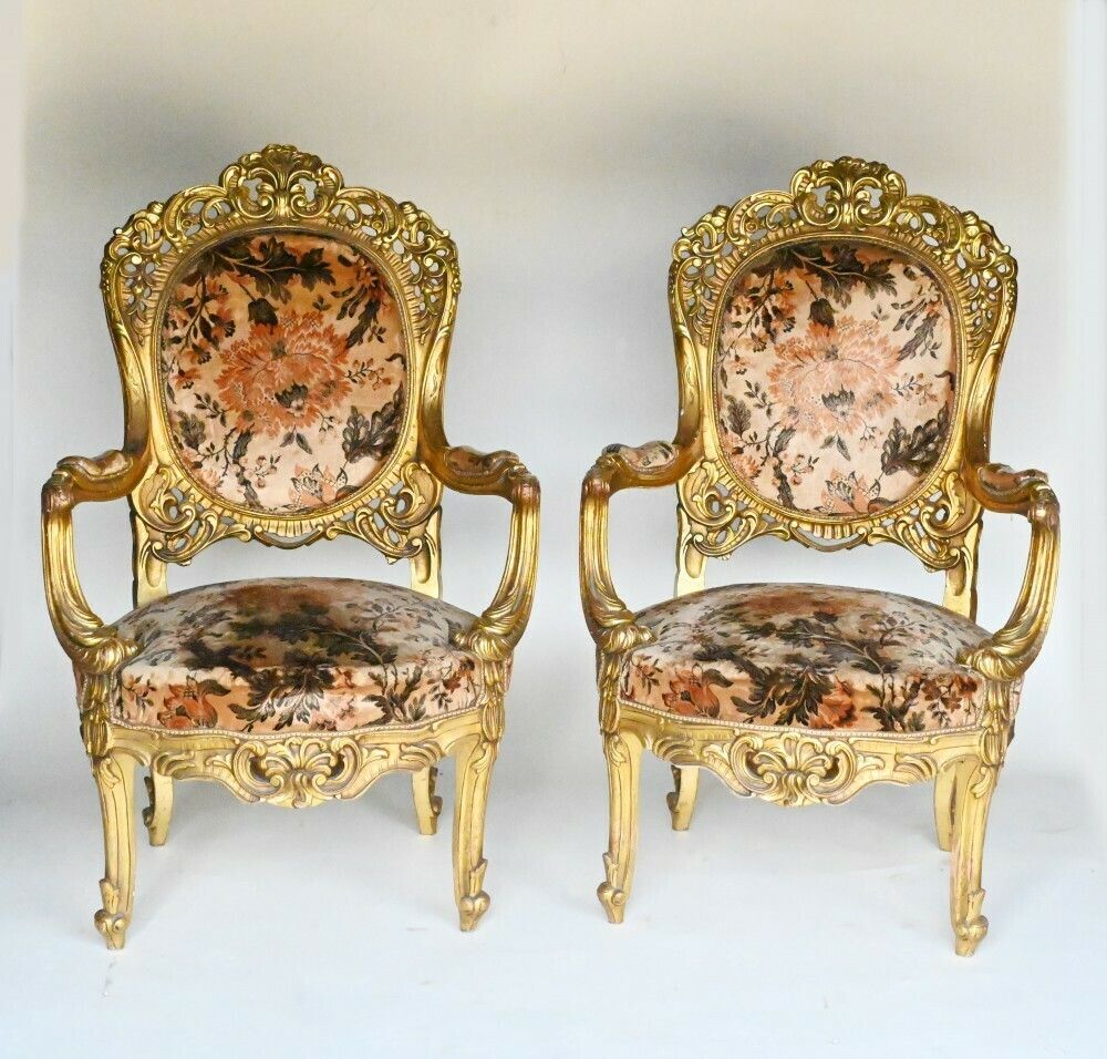 Pair French Salon Chairs Art Nouveau Gilt Fauteuils photo for sale
