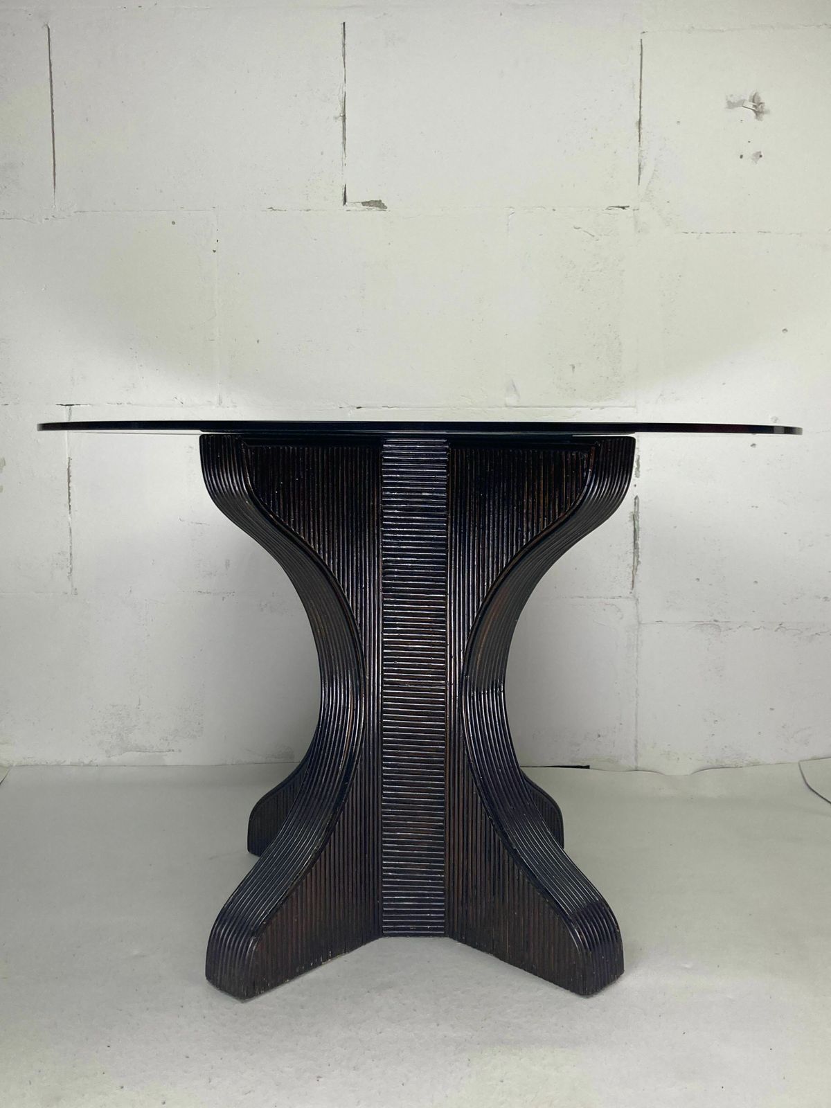 Pencil Reed Rattan Bamboo Dining Or Side Table Base With Smoked Glass Top, 1970s photo vinterior