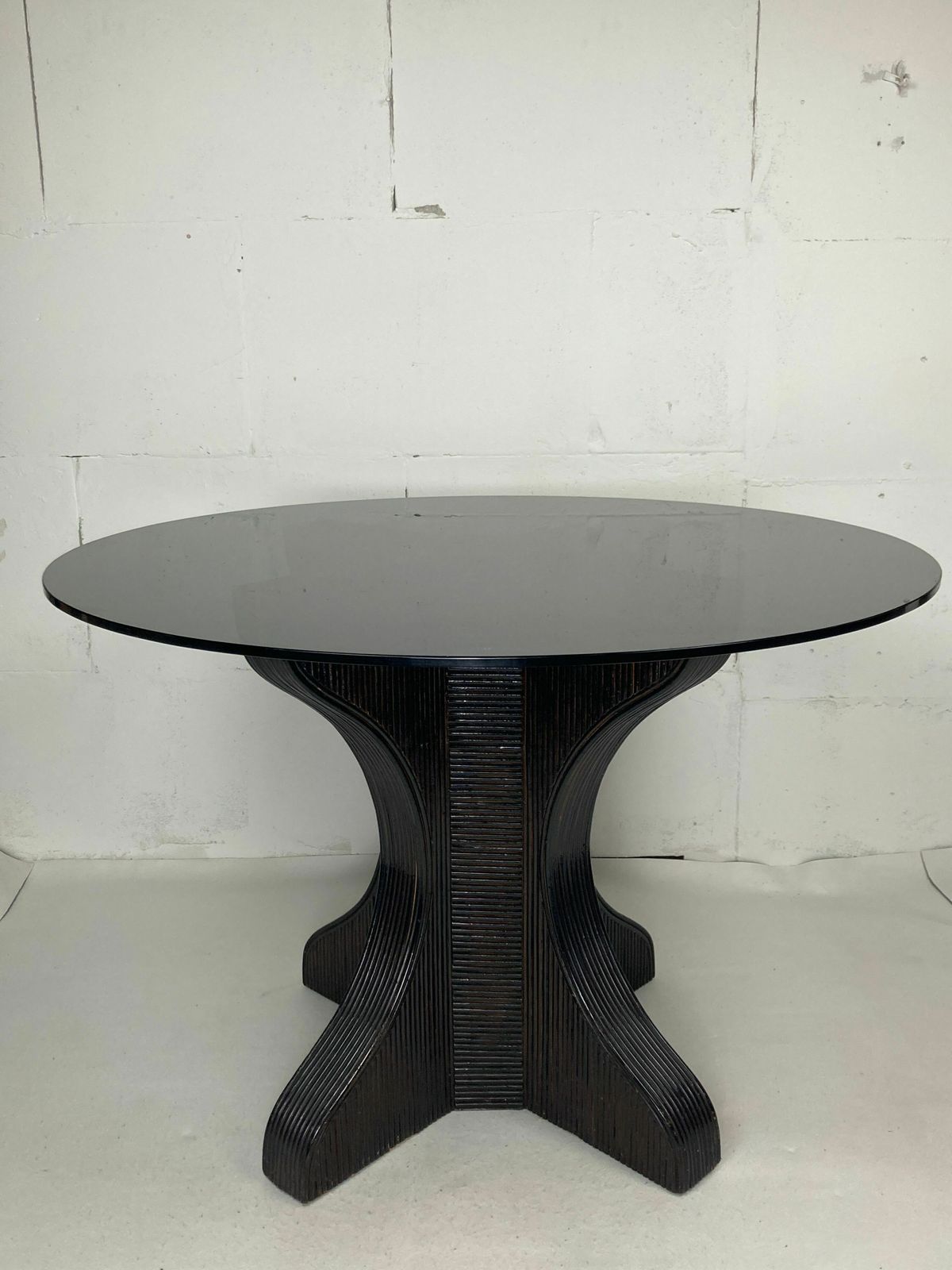 Pencil Reed Rattan Bamboo Dining Or Side Table Base With Smoked Glass Top, 1970s photo vintage