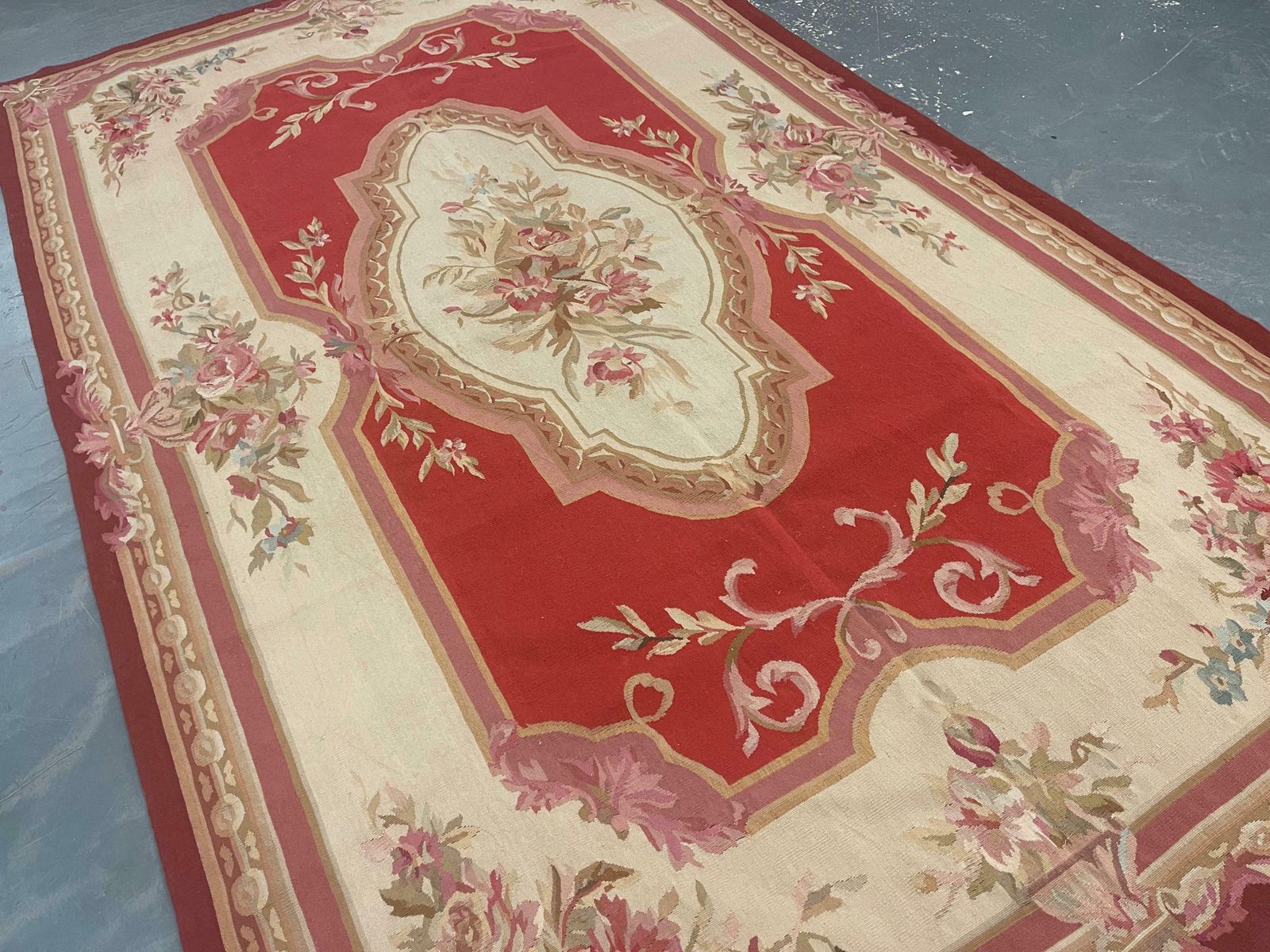 Handmade Carpet Vintage Aubusson Rug 1980 French  Red And Beige Wool Rugs photo furniture