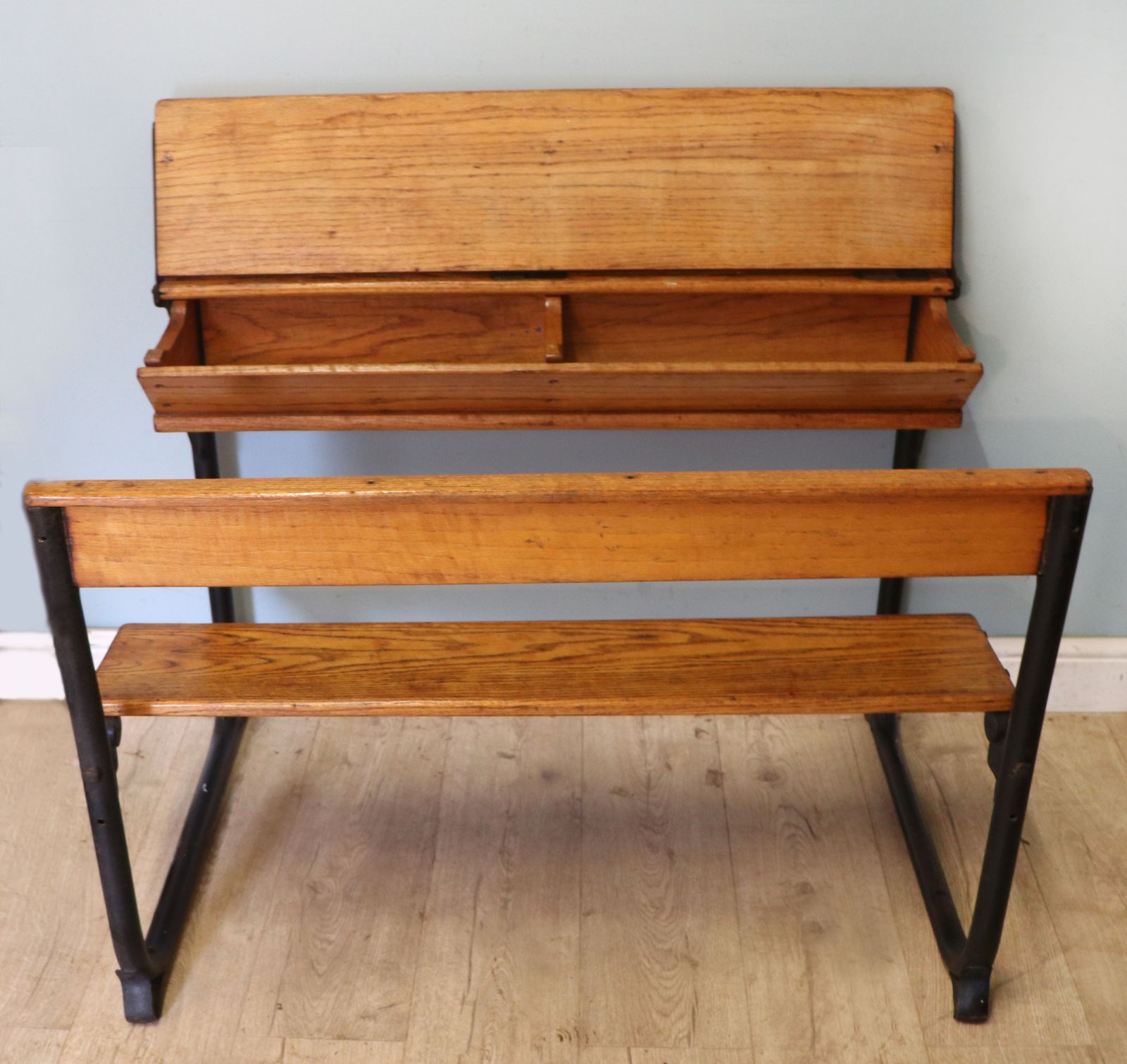 A Wonderful Early 20th Century Oak And Iron Framed School Desk And Integral Chair. photo furniture