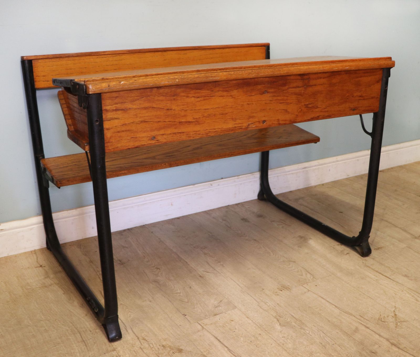 photo for sale A Wonderful Early 20th Century Oak And Iron Framed School Desk And Integral Chair.