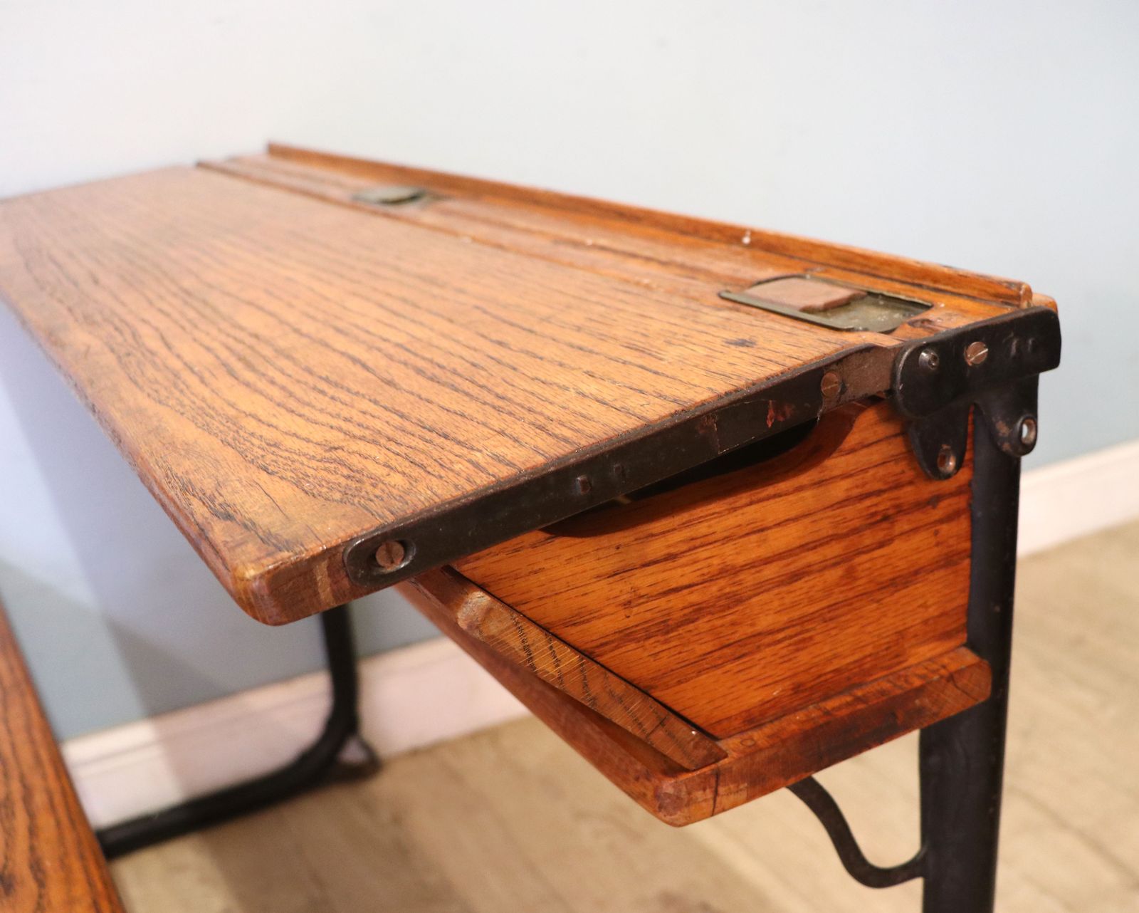 Furniture A Wonderful Early 20th Century Oak And Iron Framed School Desk And Integral Chair. photo
