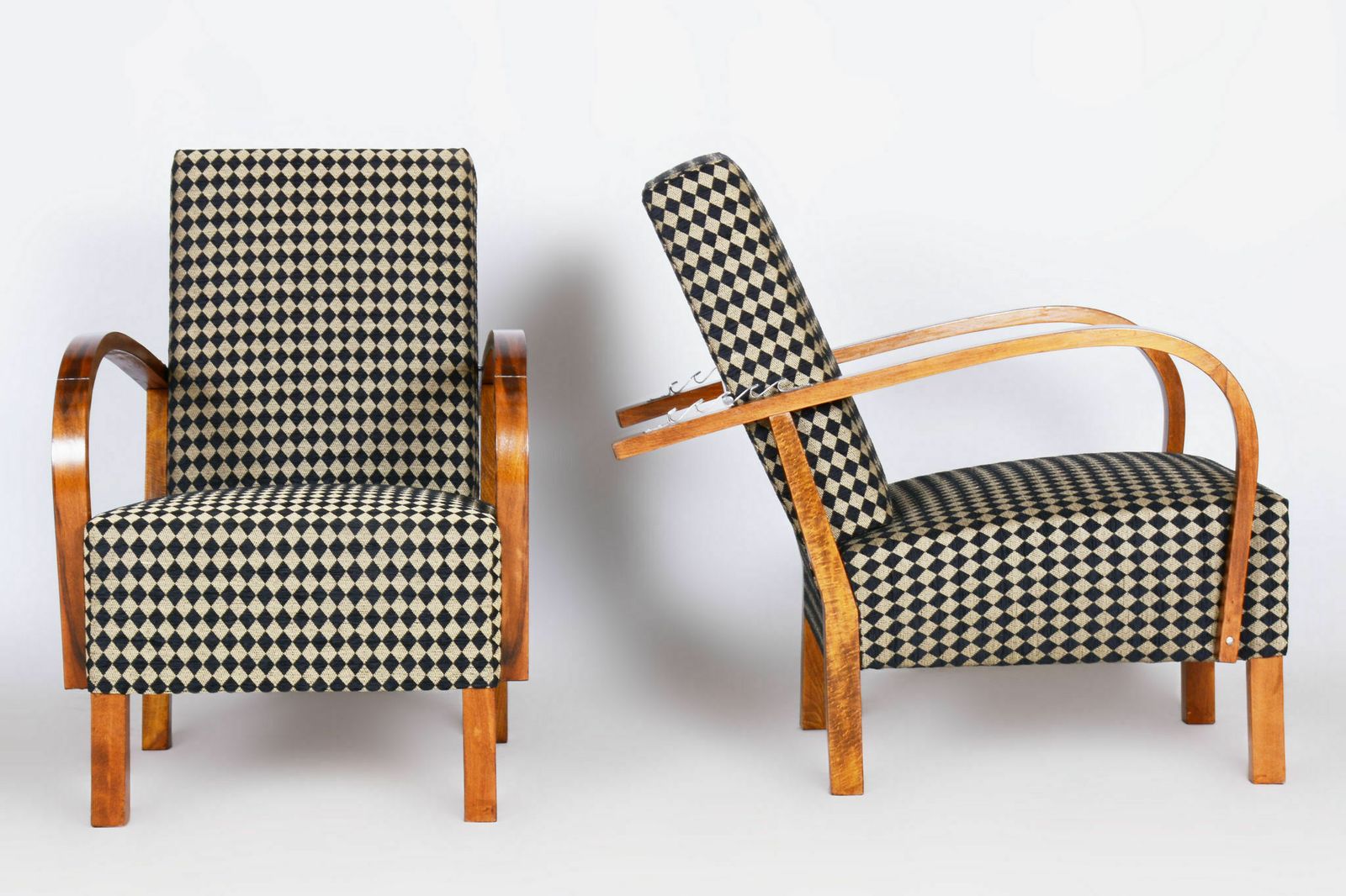 Restored Artdeco Walnut Pair Of Reclining Chairs, New Upholstery, Revived Polish, Czechia, 1930s photo buy