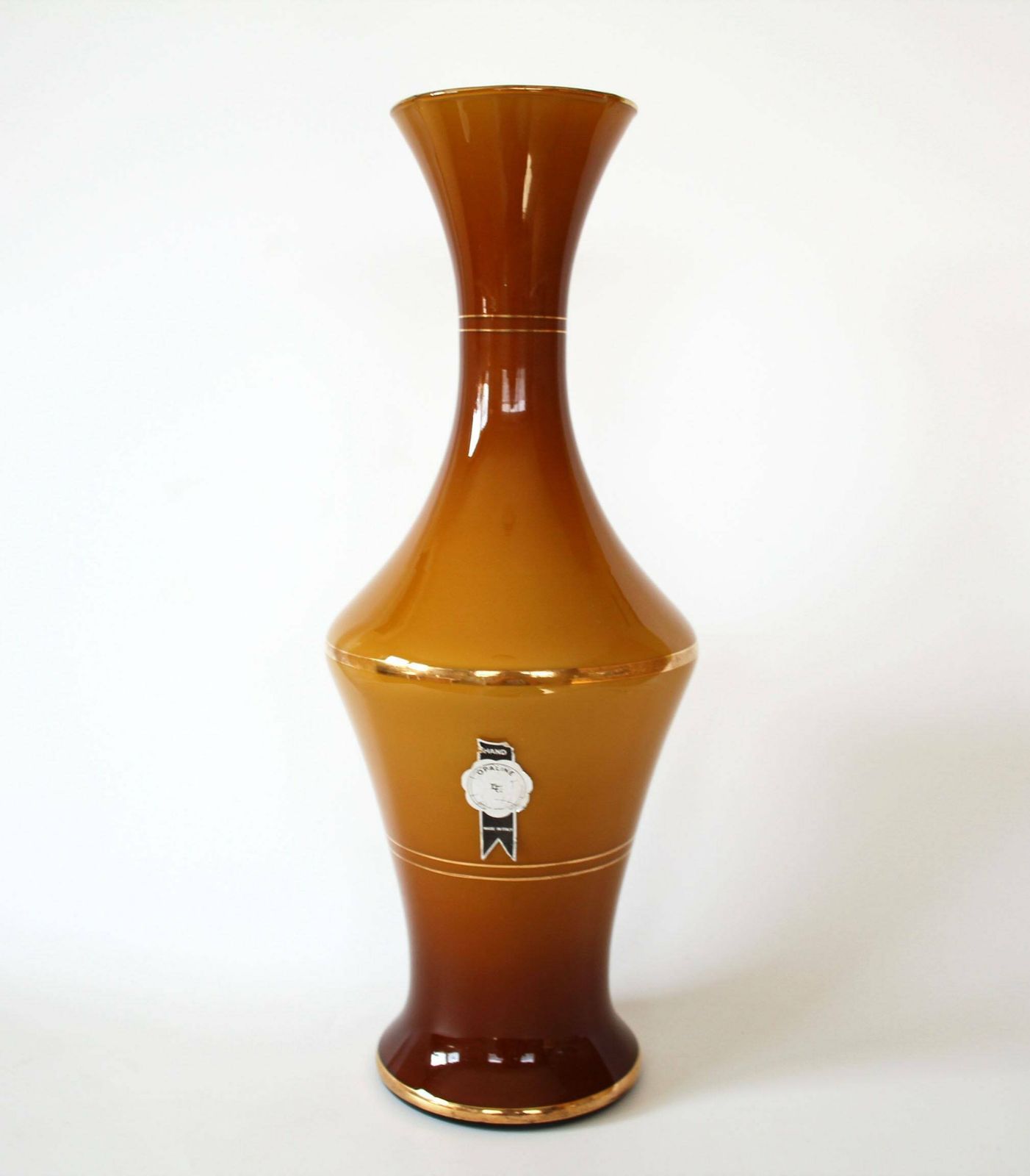 Grote Hoge Vaas Van Opalineglas, Amberbruin Glas Met Gouden Randen, Handgemaakt, Mid Century, Italië, Label, Lichte Krassen, Empoli