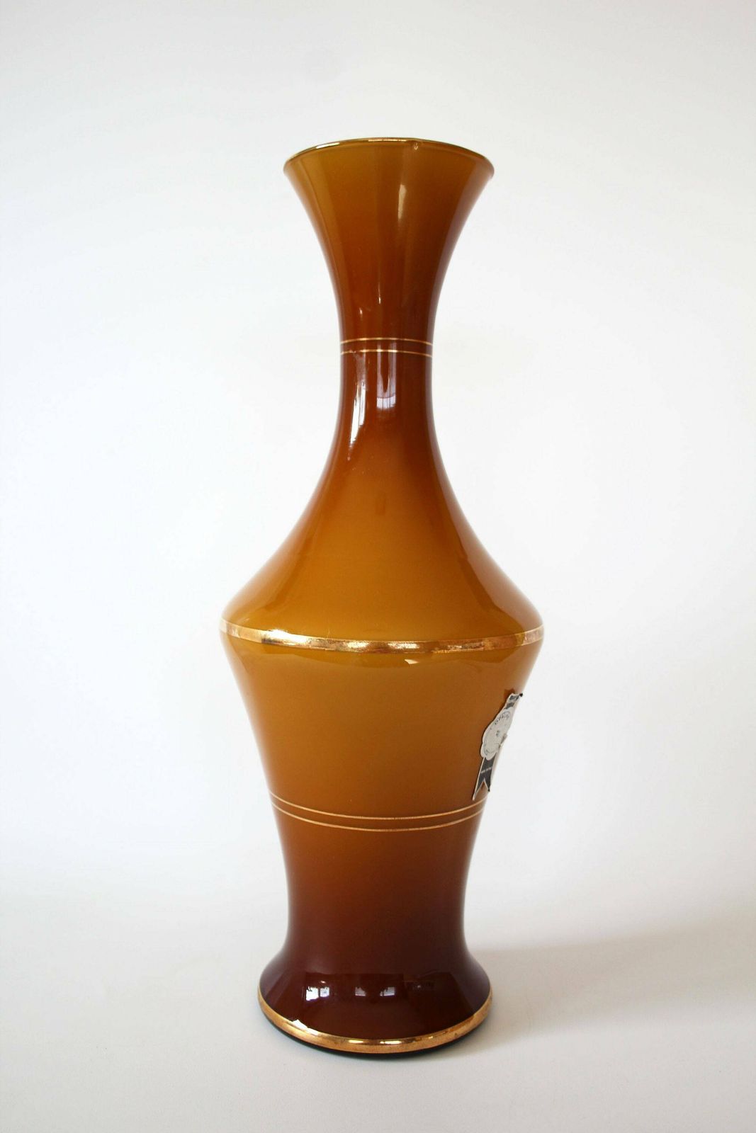 Grote Hoge Vaas Van Opalineglas, Amberbruin Glas Met Gouden Randen, Handgemaakt, Mid Century, Italië, Label, Lichte Krassen, Empoli photo vinterior