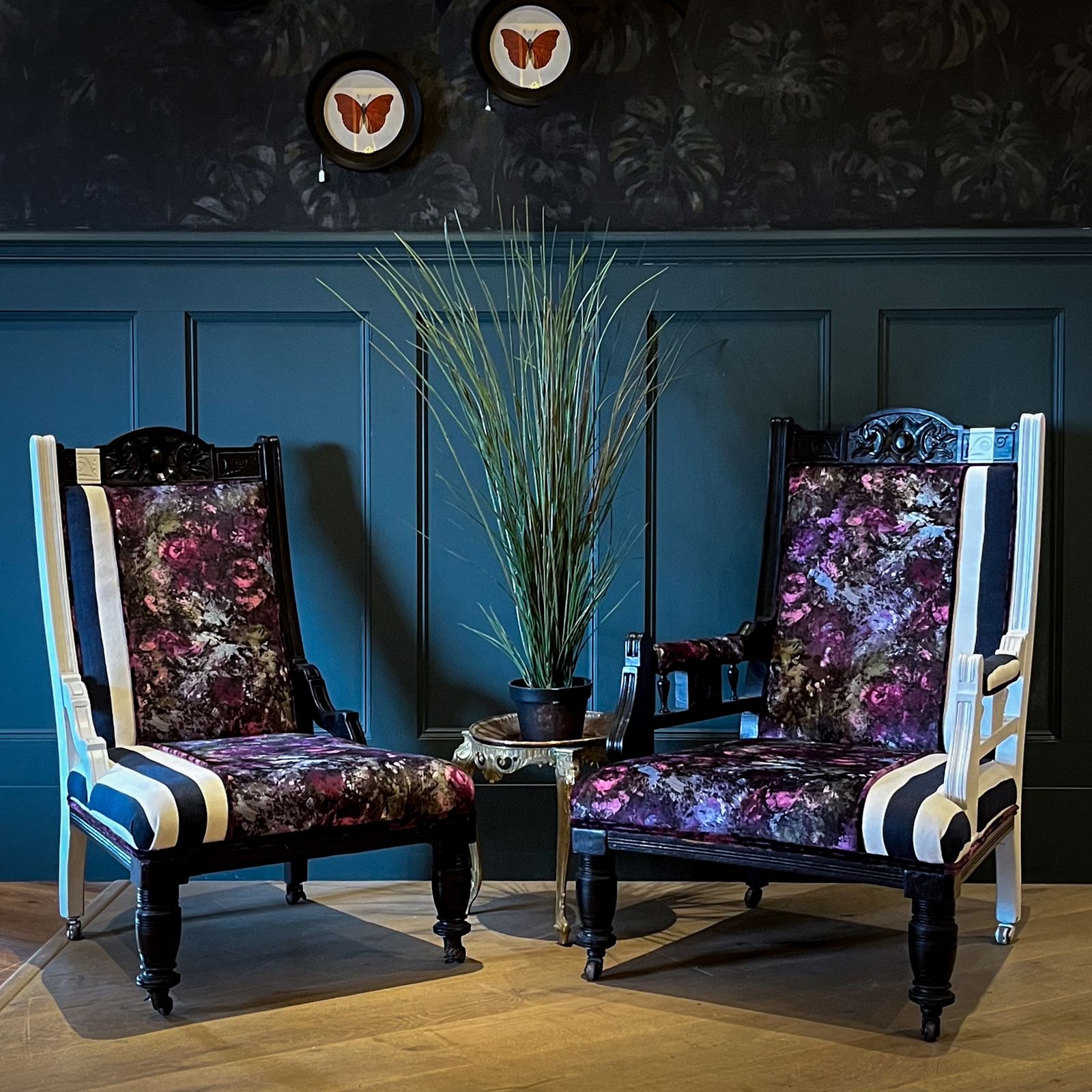 Striped Floral Upholstered Victorian Occasional Chairs photo for sale