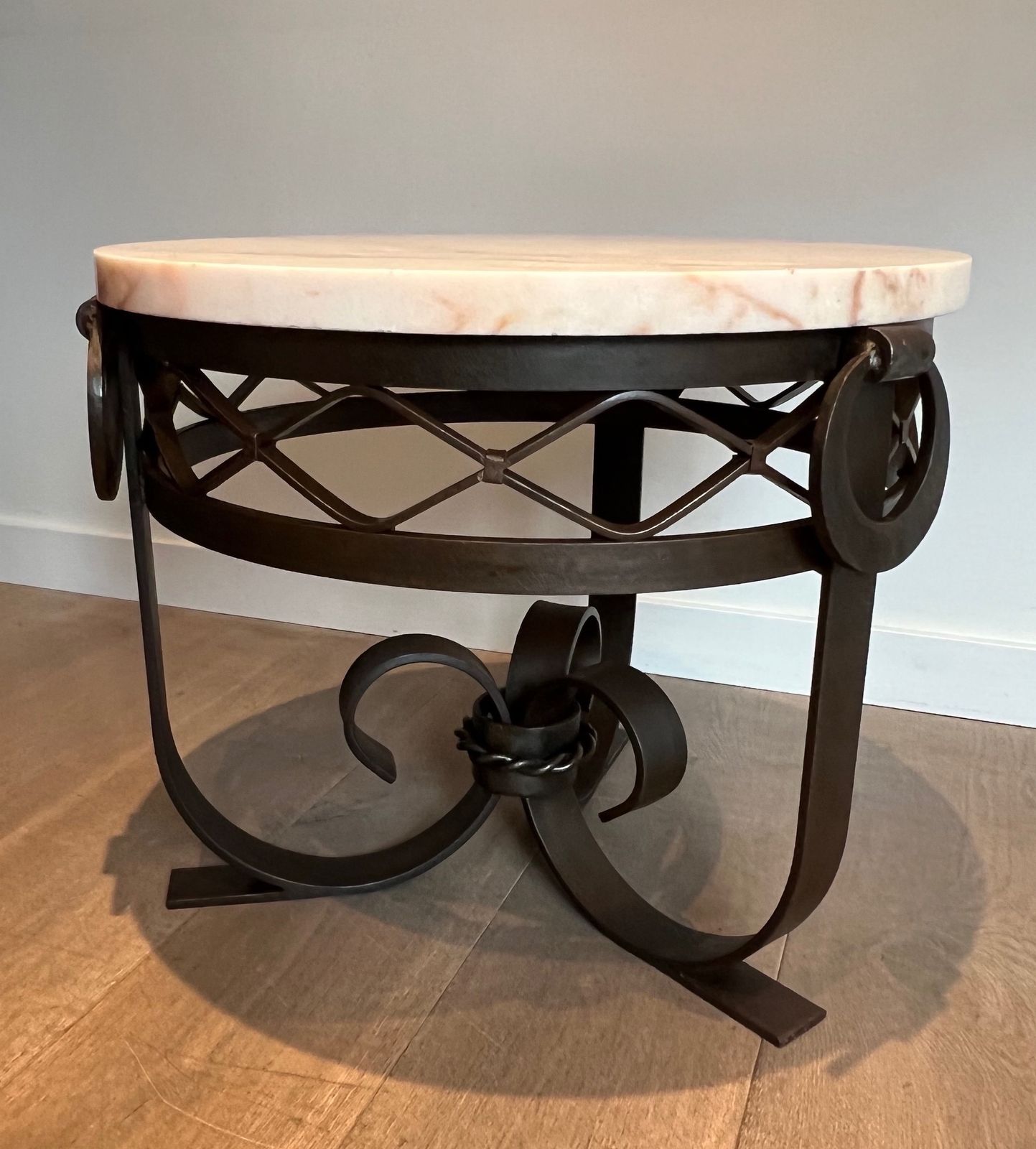 Art Deco Wrought And Hammered Iron Pedestal Table With White Marble Top