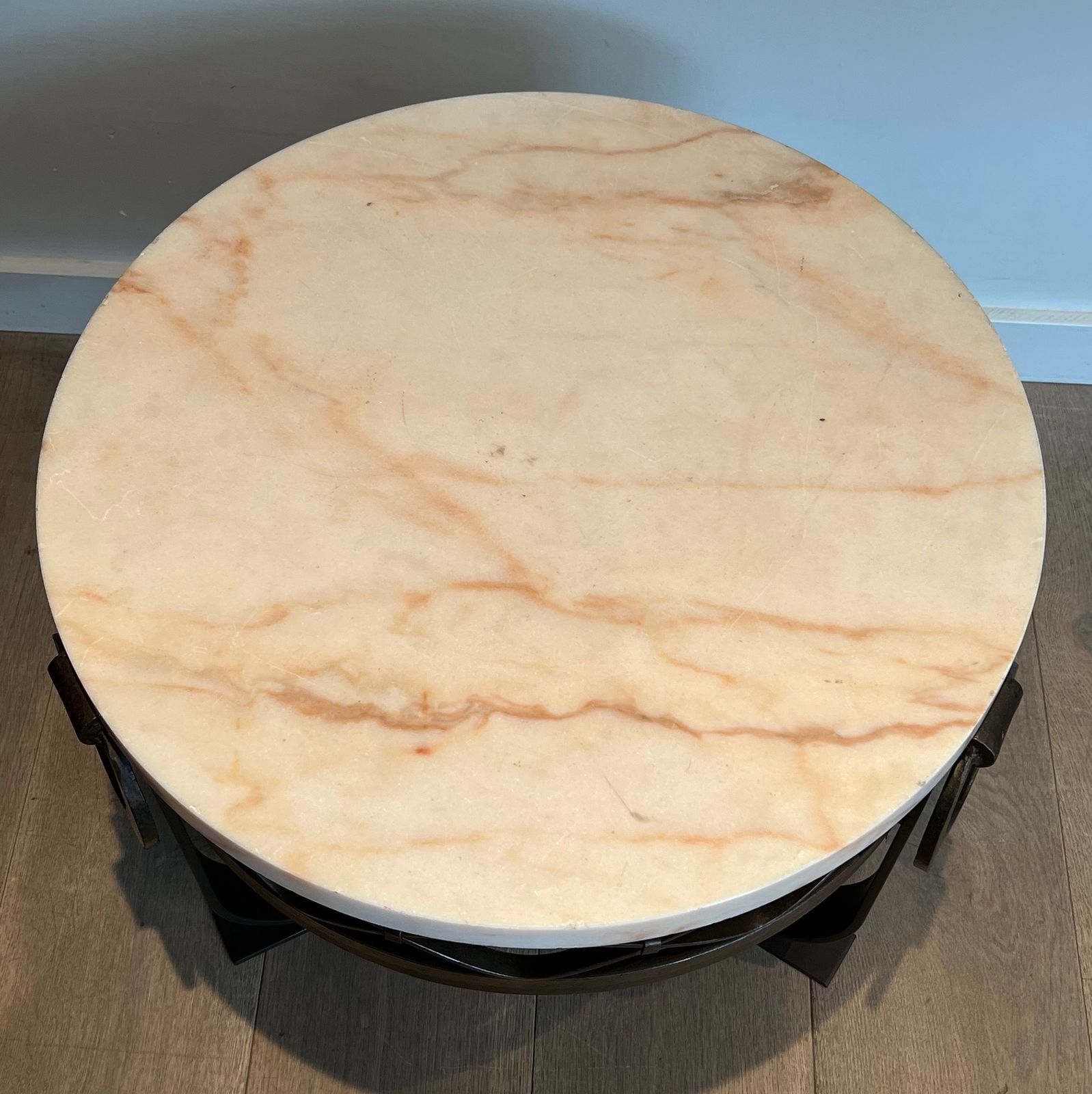 Art Deco Wrought And Hammered Iron Pedestal Table With White Marble Top photo buy