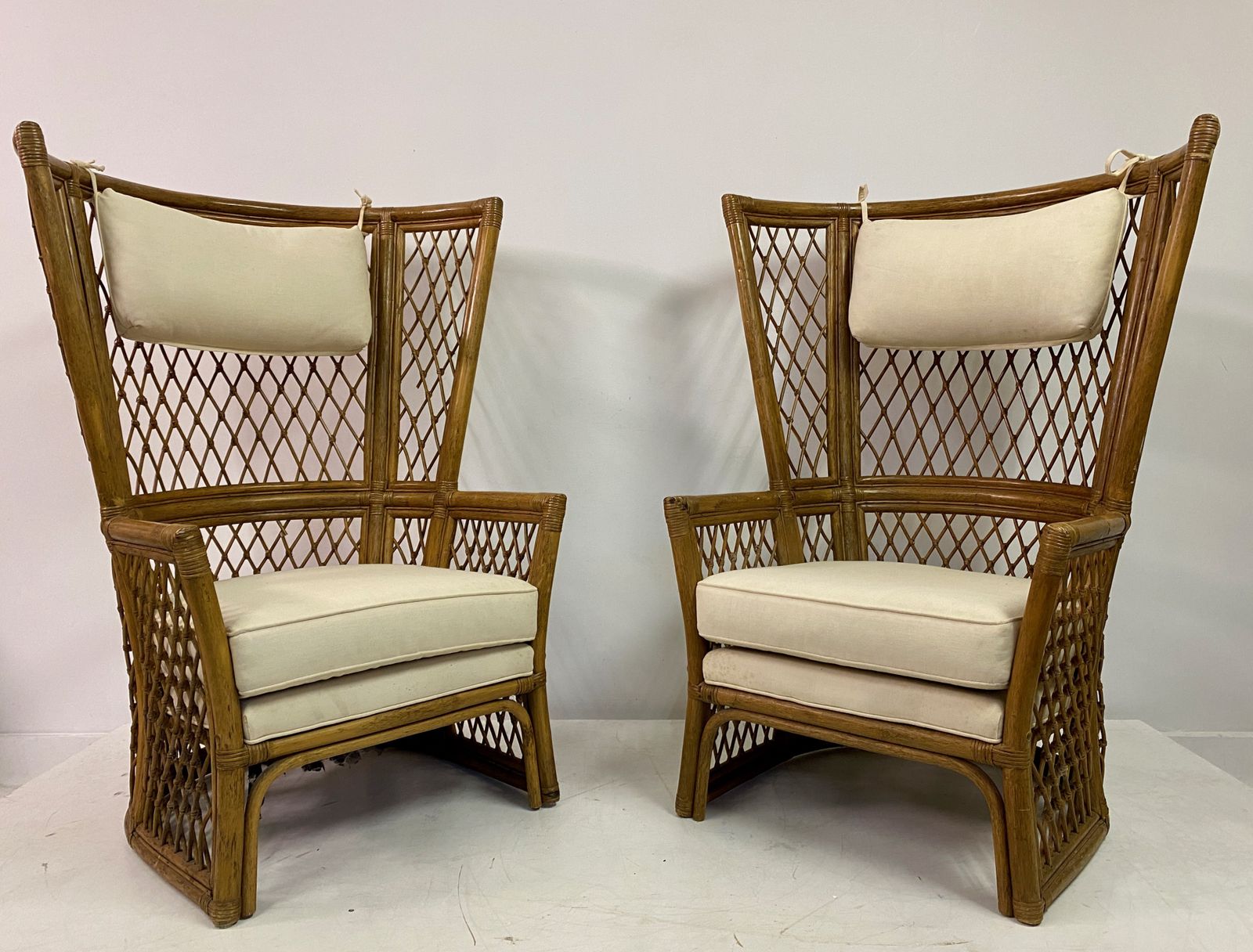 Pair Of 1980s High Back Bamboo Chairs With Ottomans photo buy