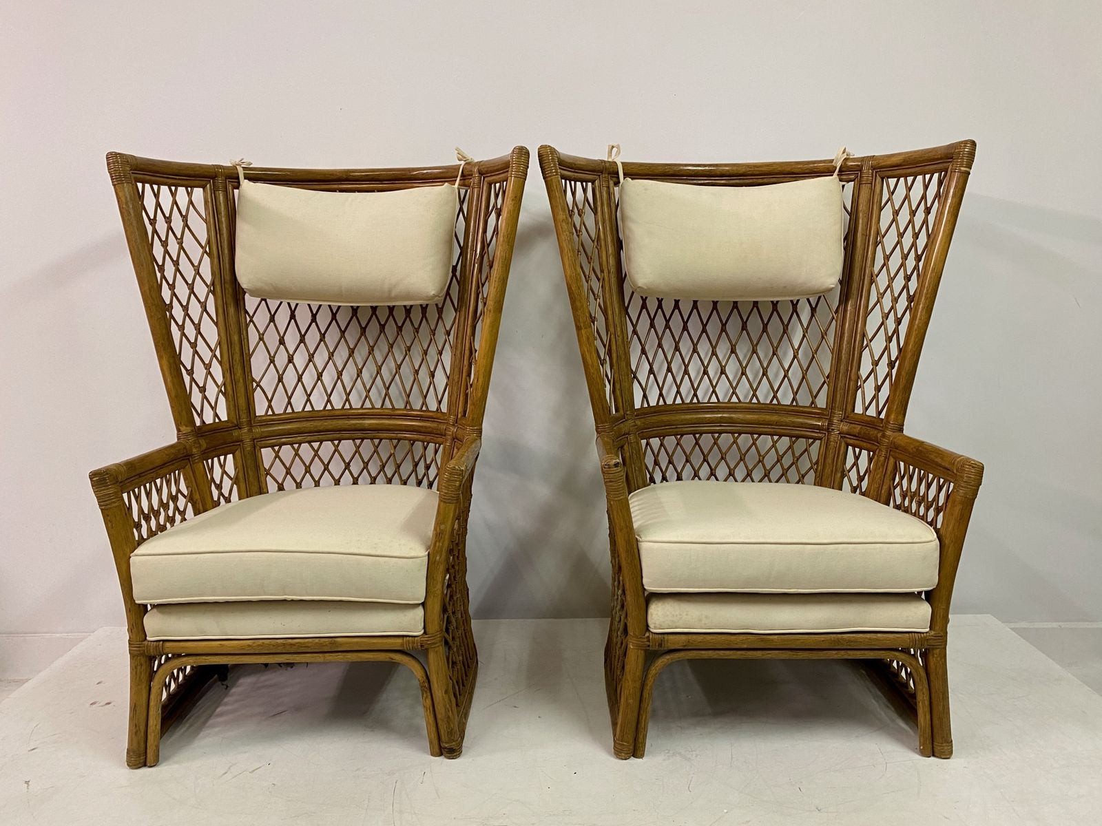 Furniture Pair Of 1980s High Back Bamboo Chairs With Ottomans photo