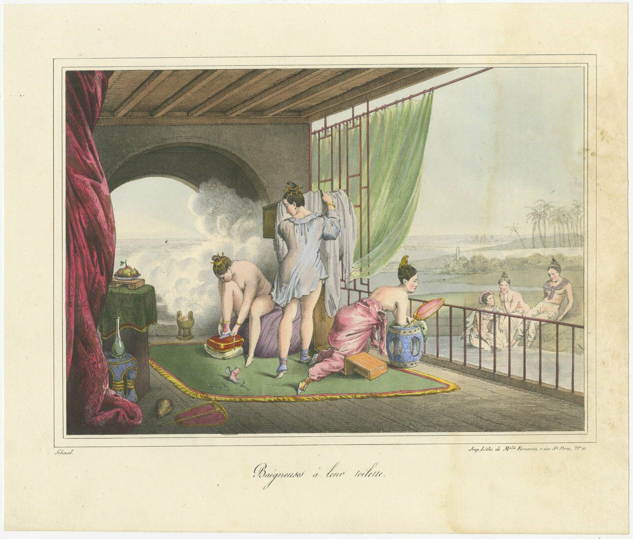 Antique Print Of Chinese Bathing Women