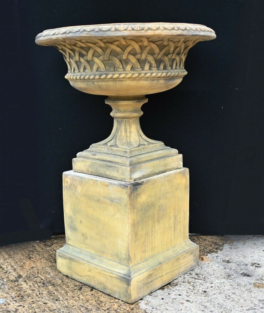 photo for sale Pair Terracotta Garden Urns Pedestal Classical Celtic Gothic