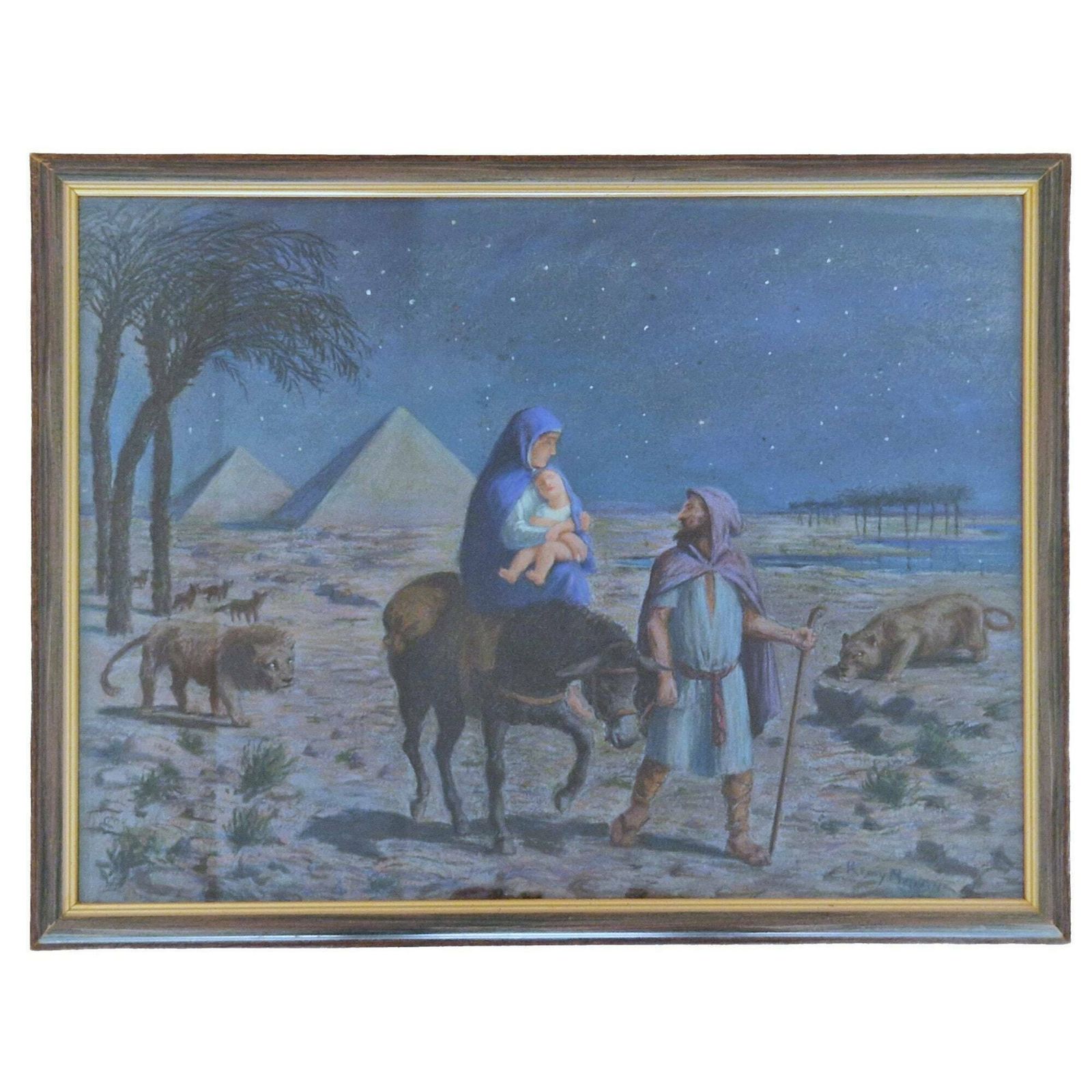Flight Into Egypt Of The Holy Family By Remy Mayan, Framed Pastel Drawing Of Nativity Of Jesus, Christmas Art And Home Decor