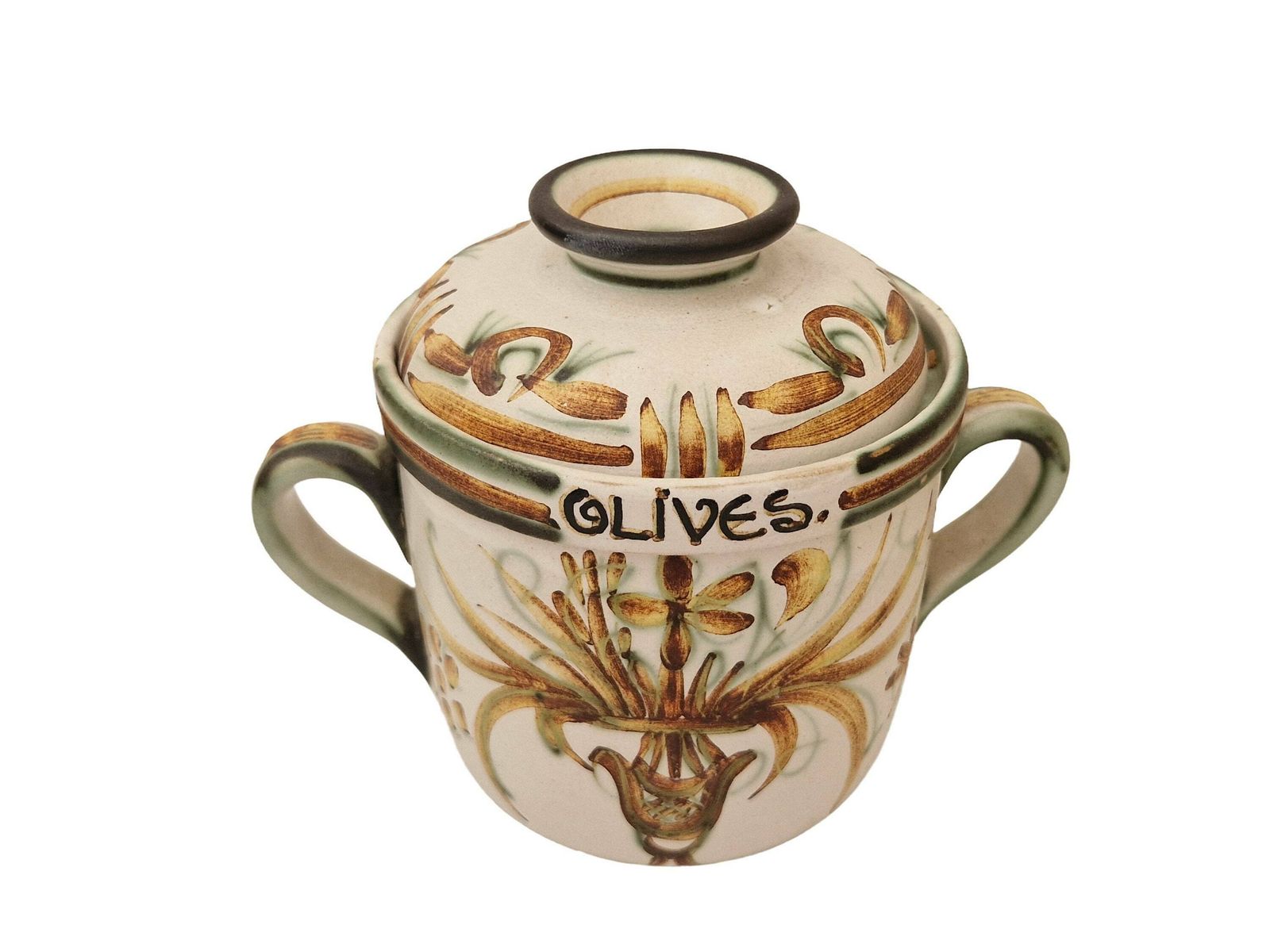 Keraluc Quimper Ceramic Olive Jar, French Mid Century Hand Painted Pottery Lidded Pot photo furniture
