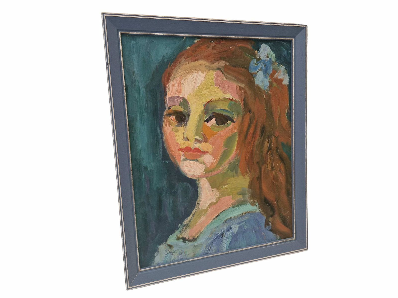 Expressionist Red Hair Girl Portrait Oil Painting, Mid Century Framed French Original Art photo furniture