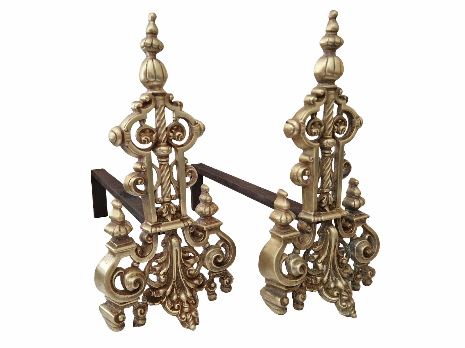 Antique French Brass Fireplace Chenets, A Pair, 19th Century Provincial Andirons photo Home Fixtures