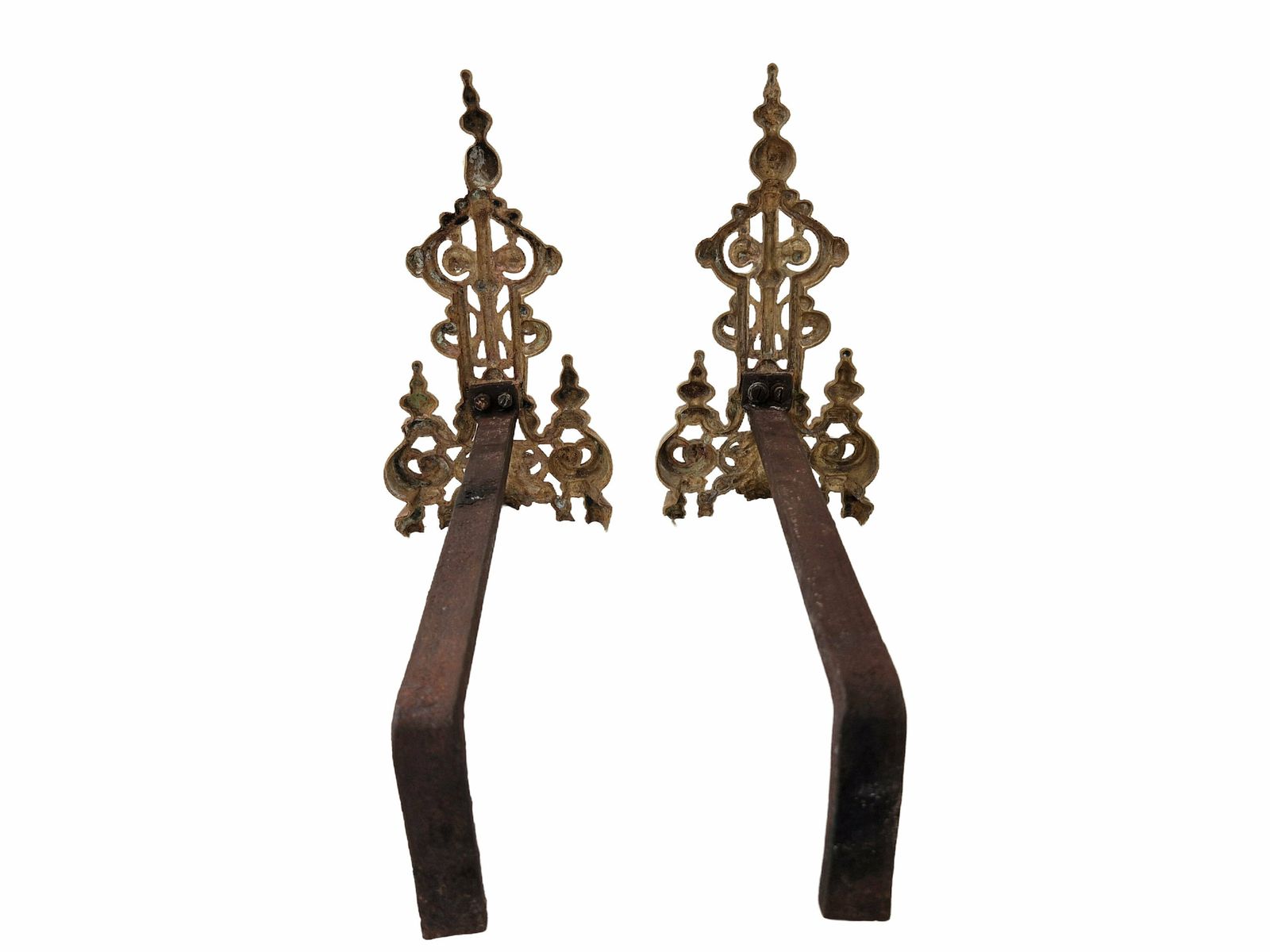 Antique French Brass Fireplace Chenets, A Pair, 19th Century Provincial Andirons photo vinterior