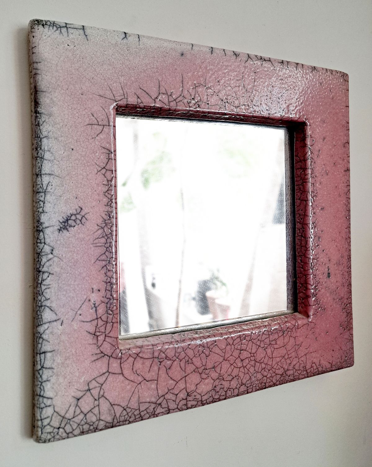 Mid Century Crackled Pink Ceramic Wall Mirror In Style Of Mithé Espelt