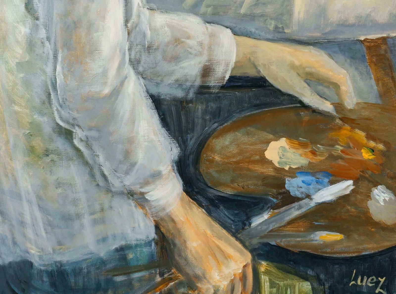 Painting, Oil On Canvas By Artist Evelyne Luez, "Le Peintre à Son Chevalet". photo furniture