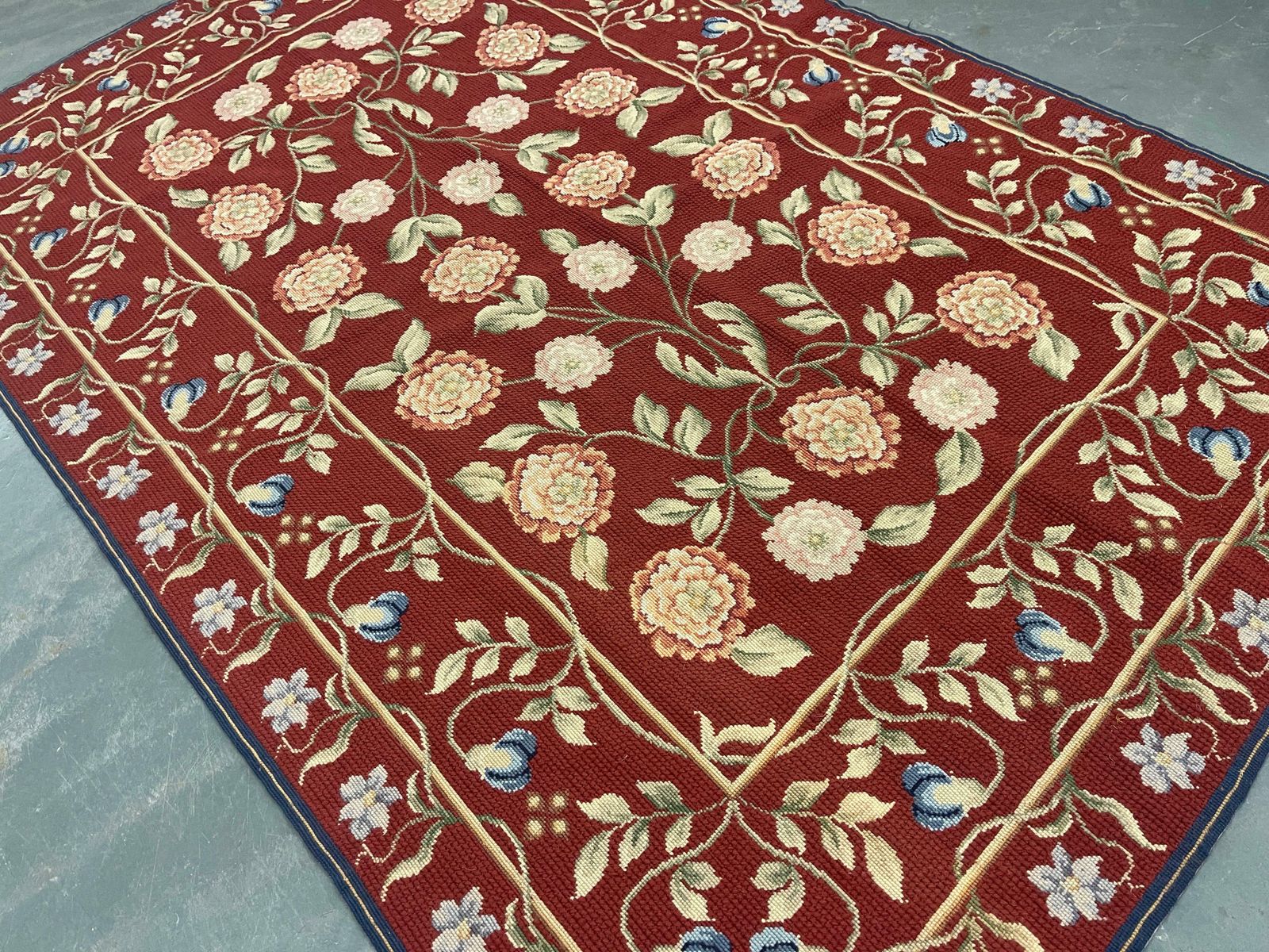 French Aubusson Rug Red Traditional Carpet Handwoven Wool Floral Needlepoint Rug photo furniture