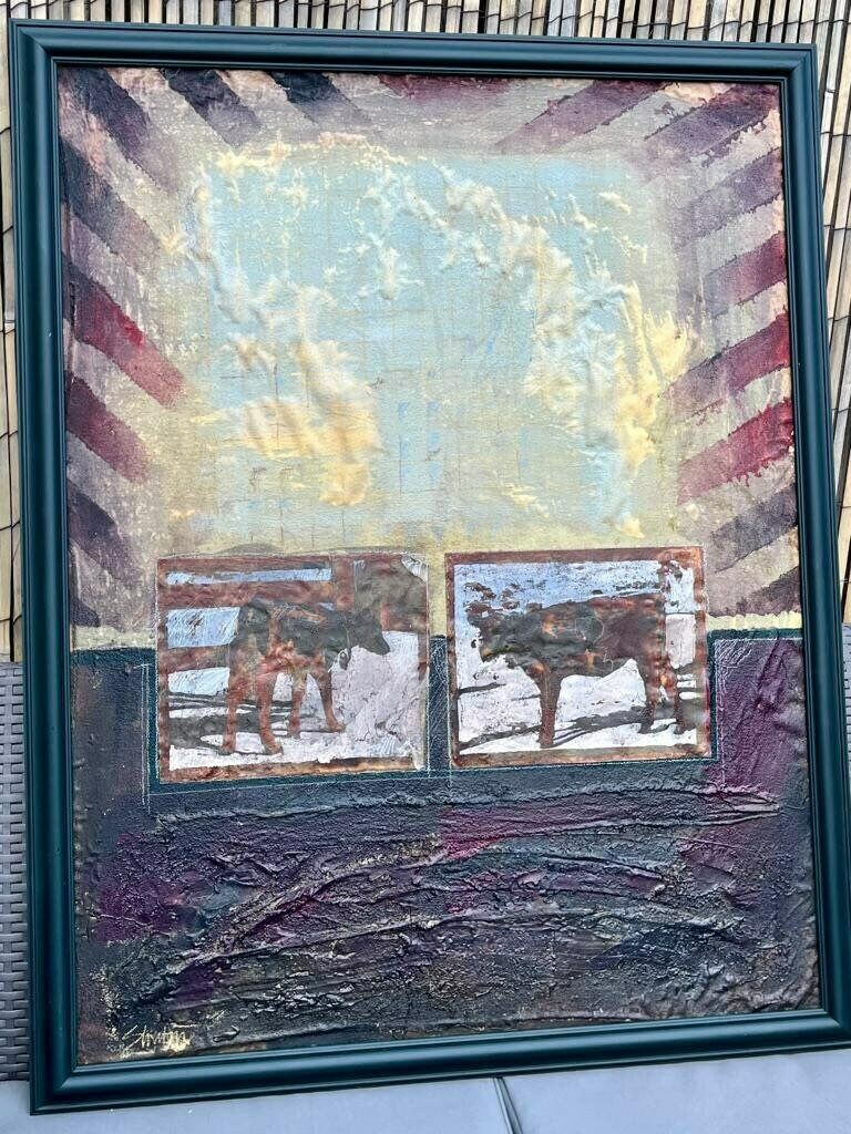 Original Vintage Large Framed Jim M. Shubin B1945 Mixed Media On Fabric ‘Stripes’ photo for sale