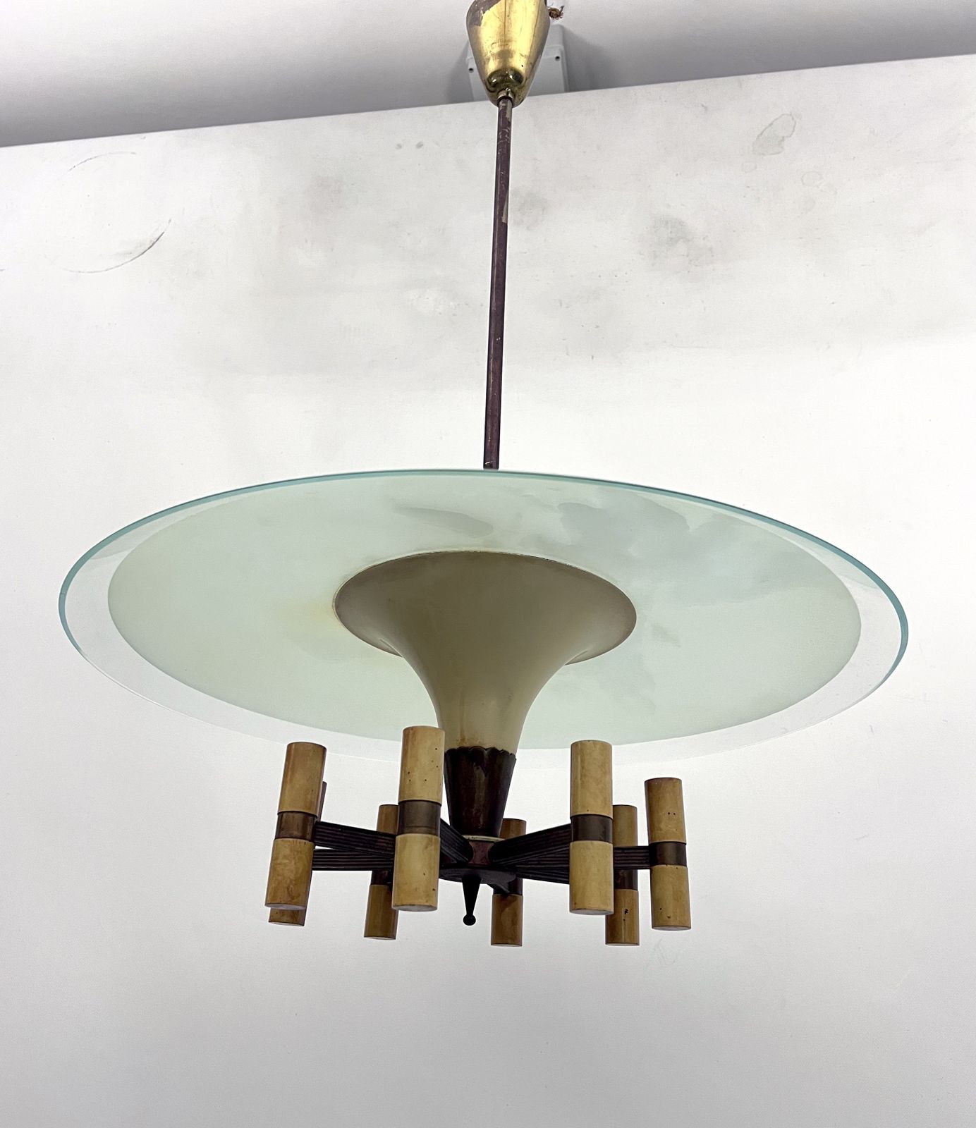 Mid Century Fontana Arte Manner Curved Glass Disk Chandelier. Italy 1950s photo Lighting