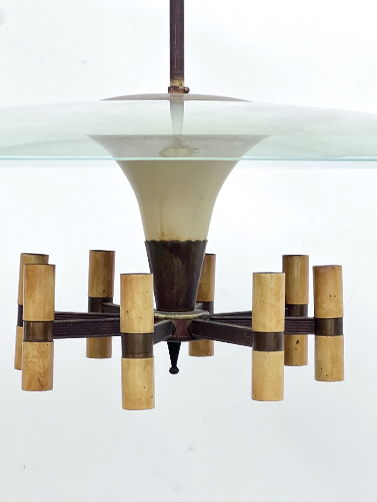 photo for sale Mid Century Fontana Arte Manner Curved Glass Disk Chandelier. Italy 1950s
