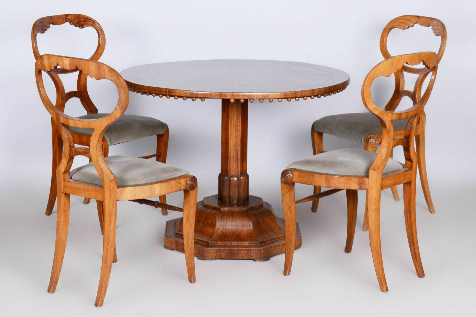 Restored Biedermeier Set Of Four Oak Chairs, Walnut Veneer, Stable Construction, Revived Polish, Vienna, Austria, 1820s photo for sale